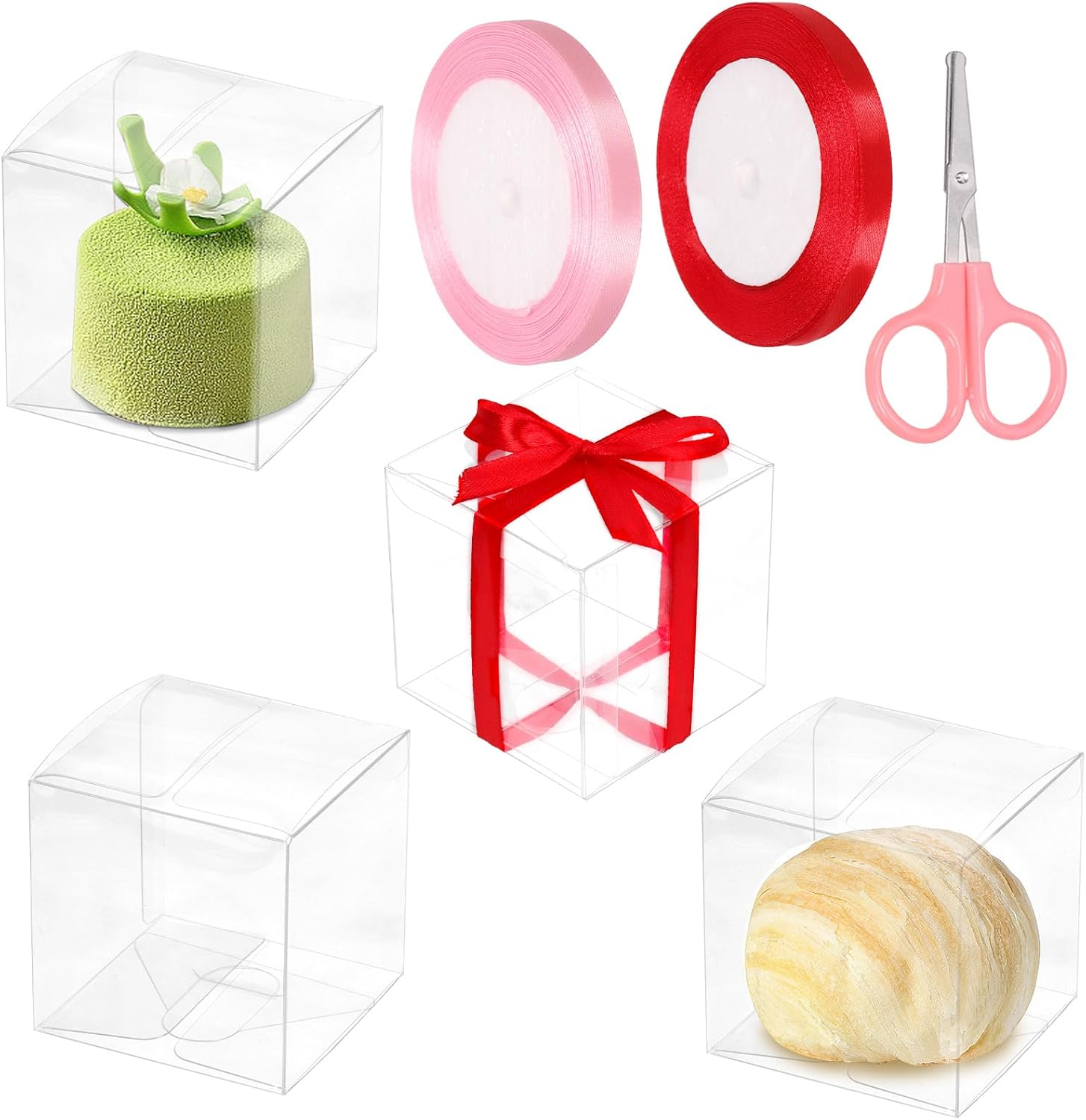 Swpeet 33Pcs 2.76" &times; 2.76" &times; 2.76" Plastic Clear Favor Boxes with Ribbons and Scissors Kit, Small Gift Boxes Transparent Cube PET Boxes Treat Boxes for Wedding Birthday Baby Shower image number 1