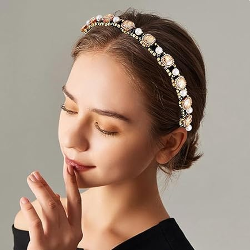Thin Rhinestones Headband Baroque Pearl Head Bands Bling Crystal Hair Bands Diamond Vintage Parties Hair Accessories for Women image number 1