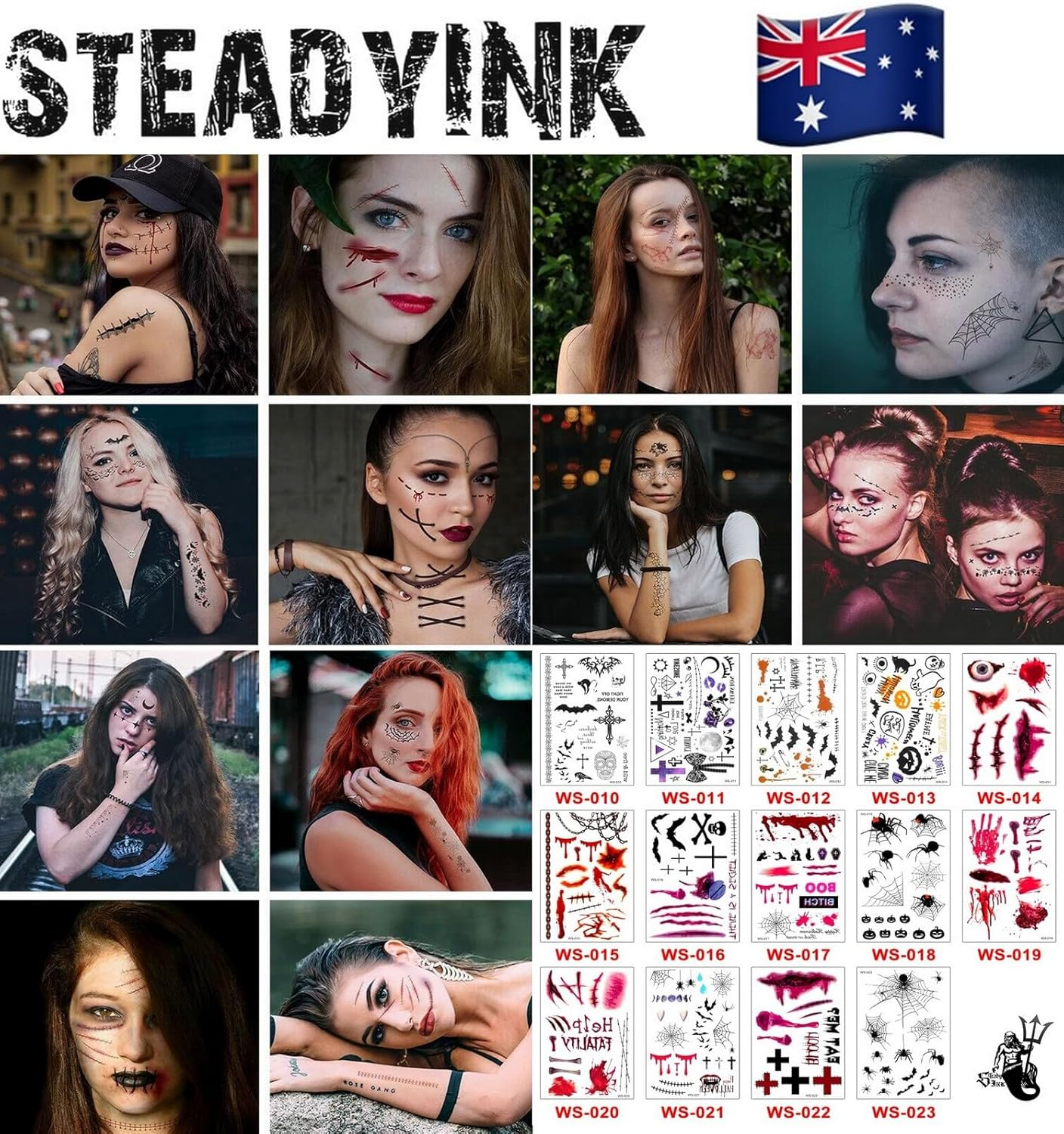 14 Sheets Halloween Tattoos Kids Temporary - Halloween Stickers Waterproof &ndash; Bats Blood Splatter Scratches Spider Webs Vampire Bites - Halloween Stickers for Adults Kids - 21X10Cm - Steadyink&reg; image number 1