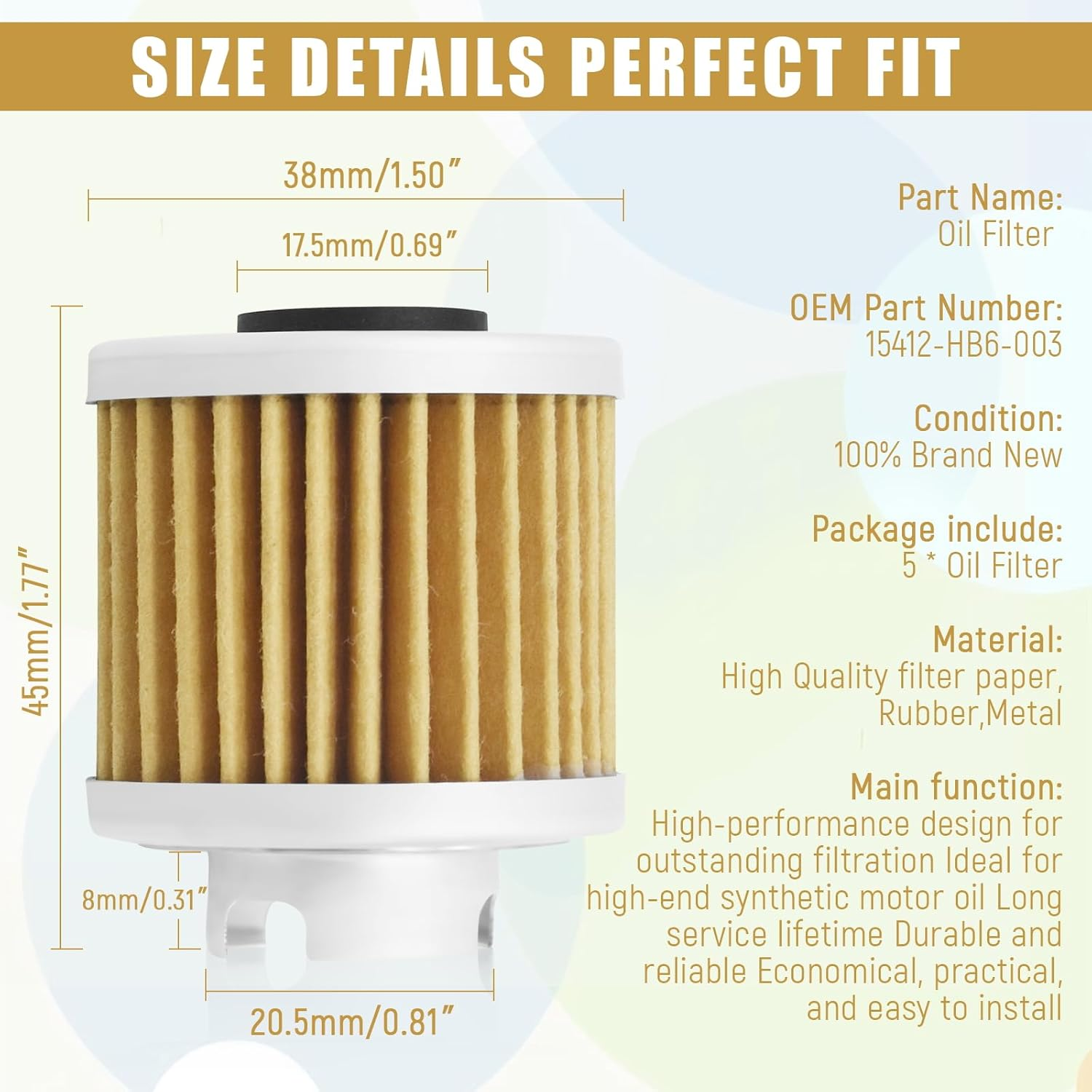 Wai Danie 5 Pcs Oil Filters Compatible with YX 150Cc 160Cc Zongshen 155Cc ZS155 Engine Pit Bike Motorcycle 15412-HB6-003 Fit Zongshen ZS190 image number 3