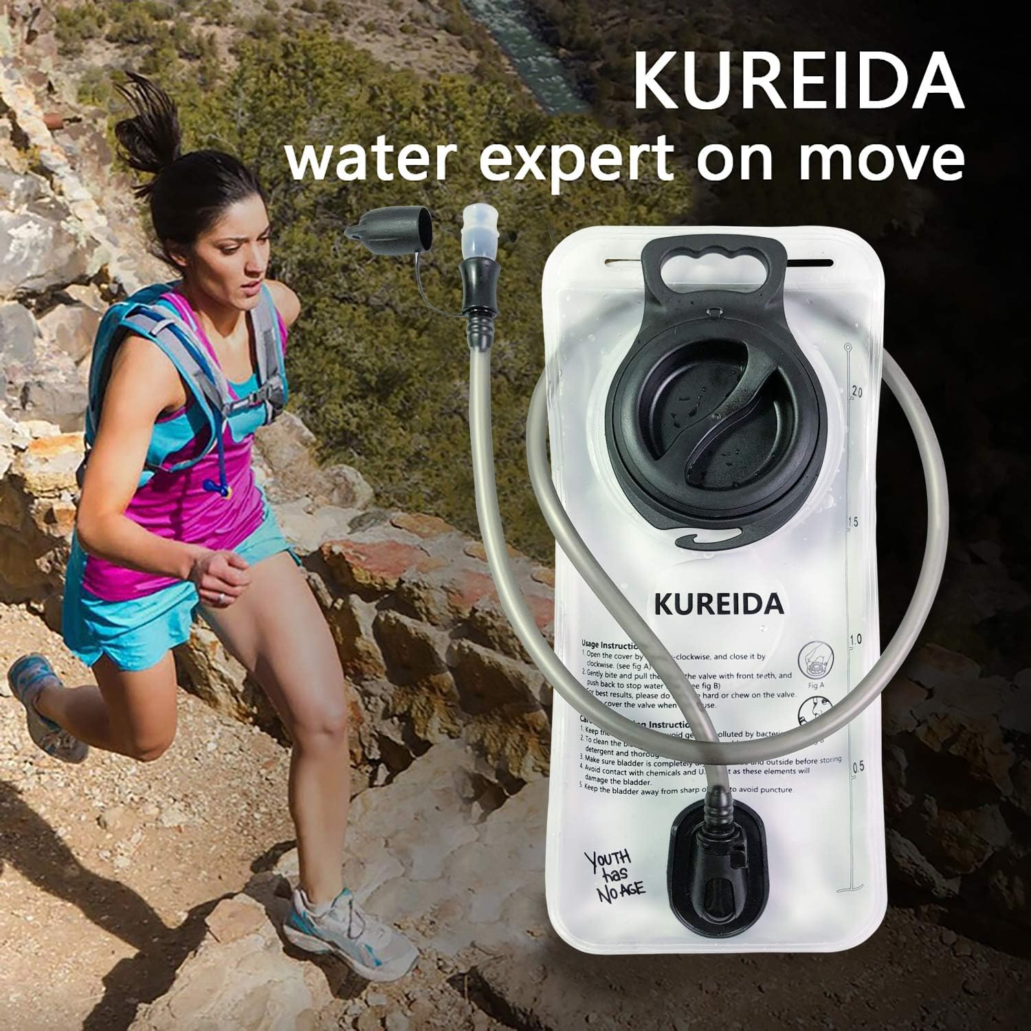 KUREIDA Hydration Bladder 2 Liter Leak Proof Water Reservoir,Bpa Free,Wide Opening, Military Water Bladder Combined with Hydration Backpacks for Biking Hiking Running Camping Climbing. image number 5
