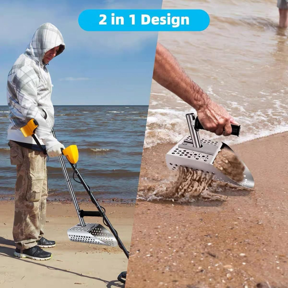 Long Handle Sand Scoop，Sand Scoop for Metal Detecting, Metal Detector Scoop, Stainless Steel Beach Sand Scoop Handheld with Long Steel Handle Pole Design, Ideal for Underwater Treasure Hunting