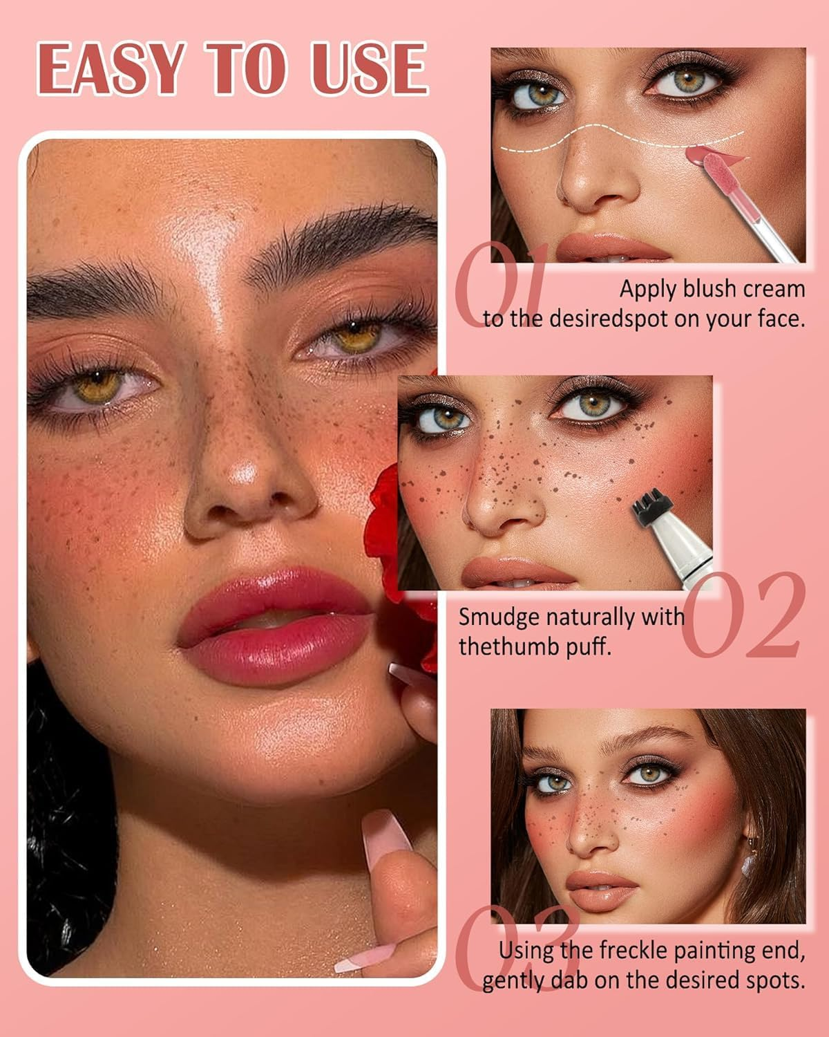 Liquid Face Blush Freckle Pen, Natural Dewy Cream Blush with Light Brown Faux Freckle Stamp Pen 2 in 1 Makeup Natural Sunkissed Dewy Cheeks, Waterproof Fake Freck Tint Marker (1#)