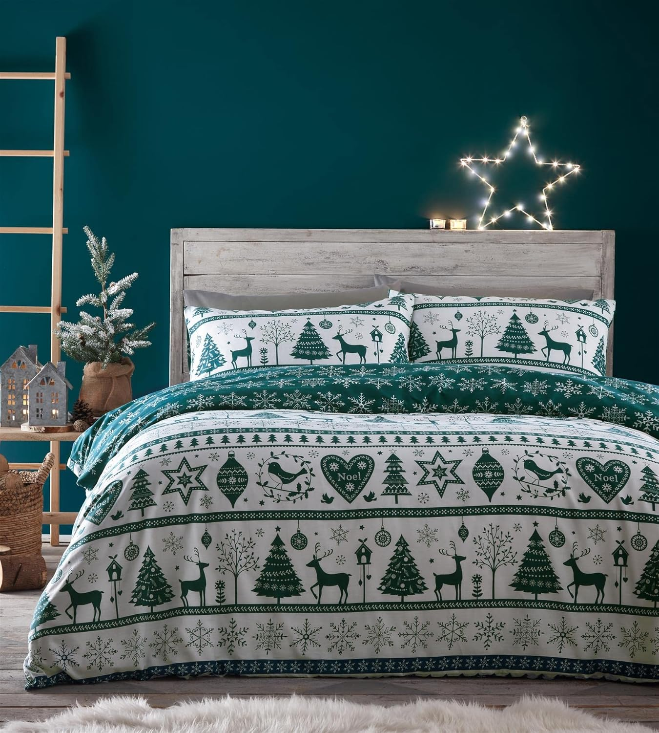 Portfolio Home Festive Noel Teal Green Duvet Cover Set Christmas Super King Bedding Set PNOED4C image number 2
