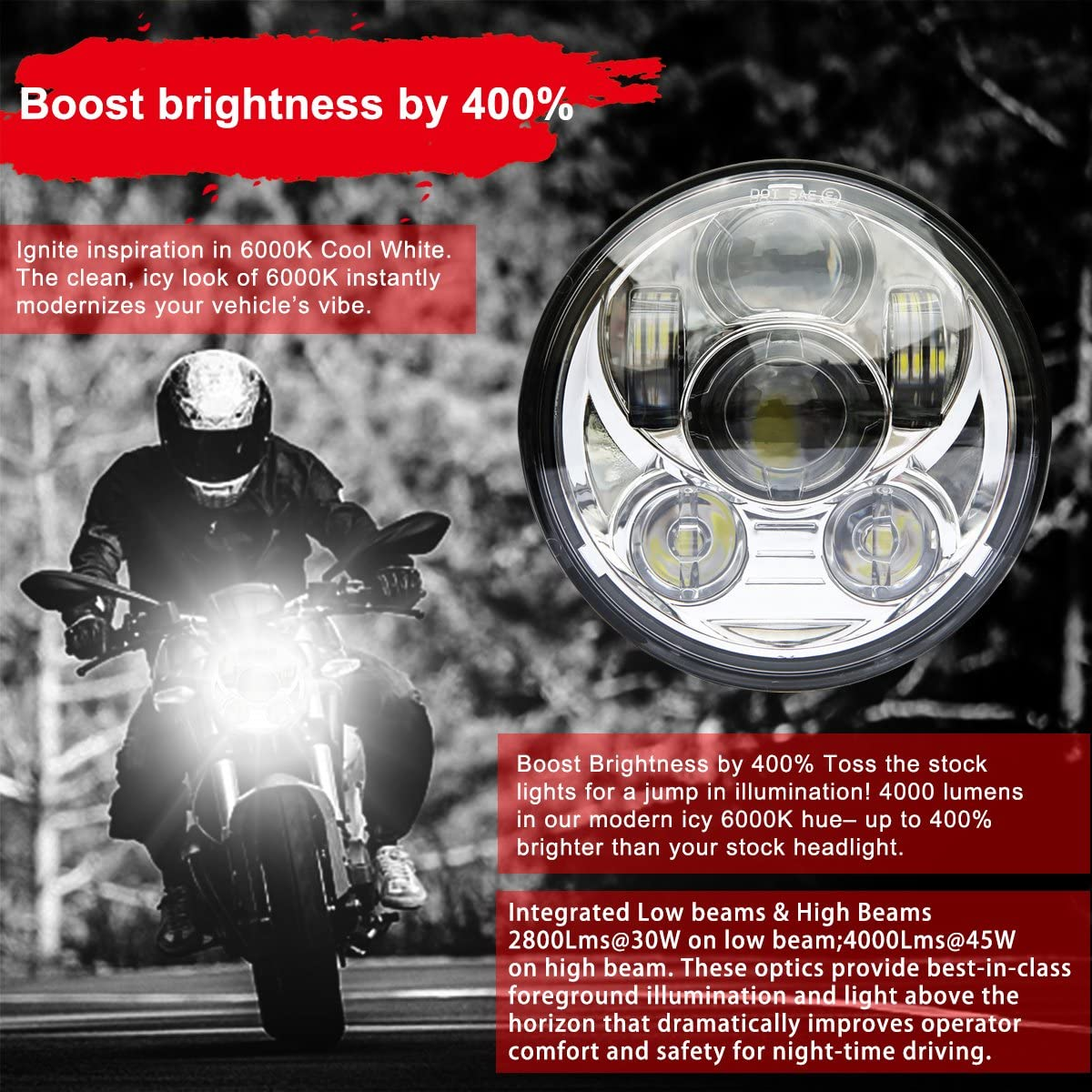 Wisamic 5-3/4" 5.75" LED Projection Headlight for Harley-Davidson 883, Sportster, Triple, Low Rider, Wide Glide Motorcycles (Silver) image number 2