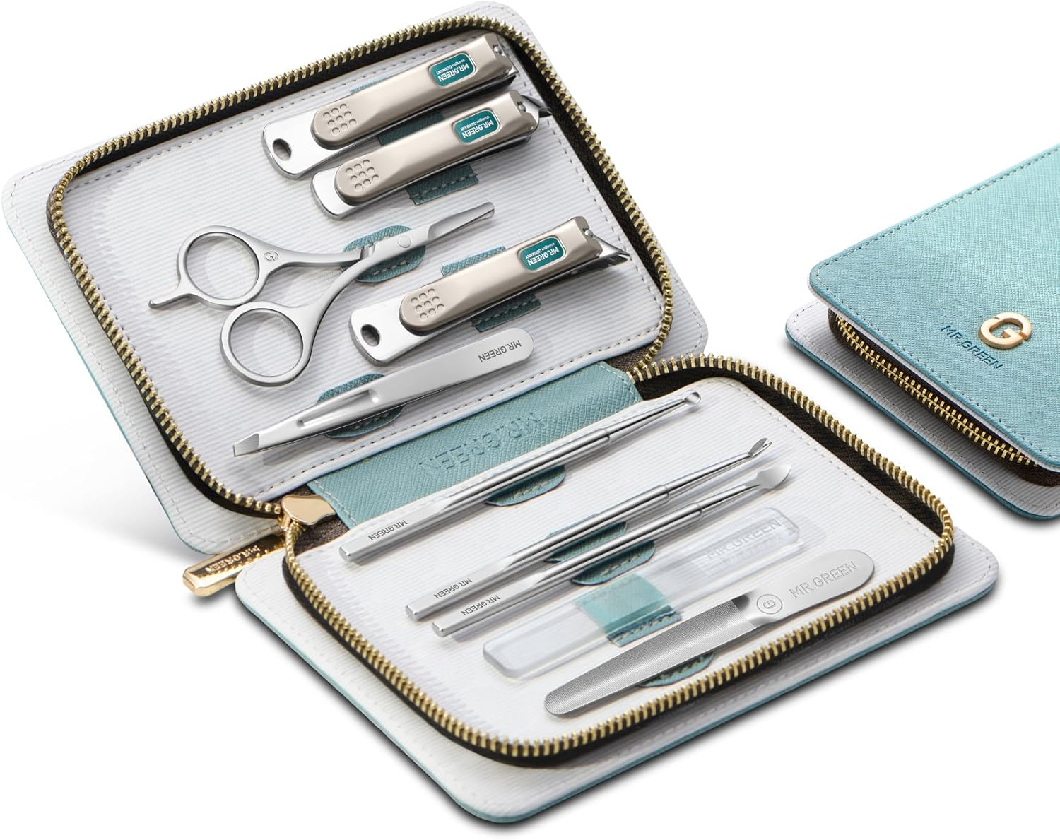 MR.GREEN Fashion Imprint Manicure Sets Professional Nail Clipper Set Personal Care Tool Kits Nial Cutter Gift with Leather Case (Green(10Pcs Set))