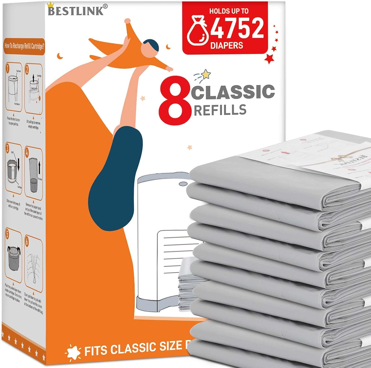 8 Pack Refills Compatible with DEKOR CLASSIC Diaper Pails | 20% Extra Length Diaper Pail Refill Bags Liners Holds 4752 Diapers | Ultimate Odor Control with Baby Scented image number 6