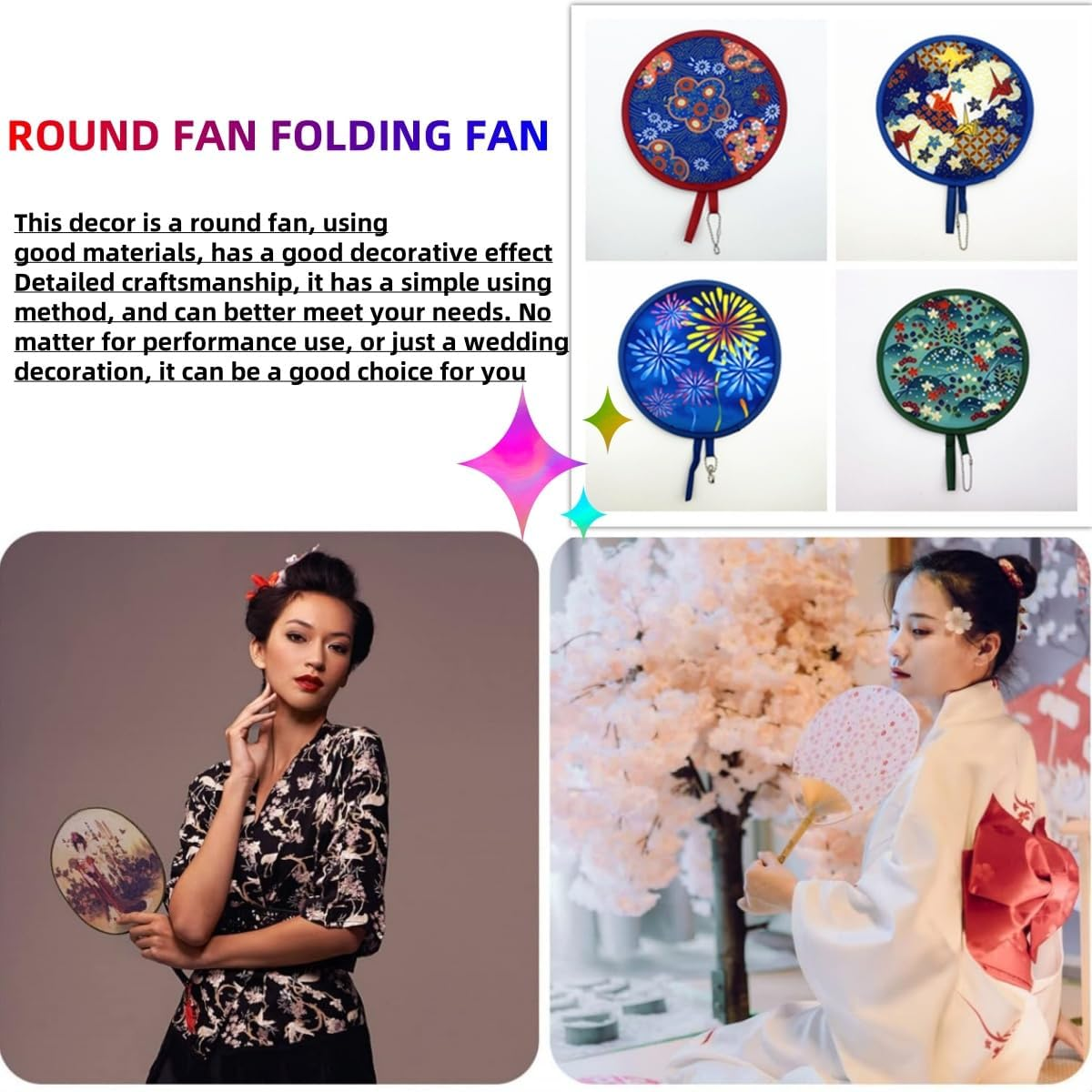 KLHCDUO 6PCS Foldable Handheld Fans, Foldable round Hand Fans,Female Hand Fans Girls Daily Party Family Personal Decoration(6 Styles) image number 3