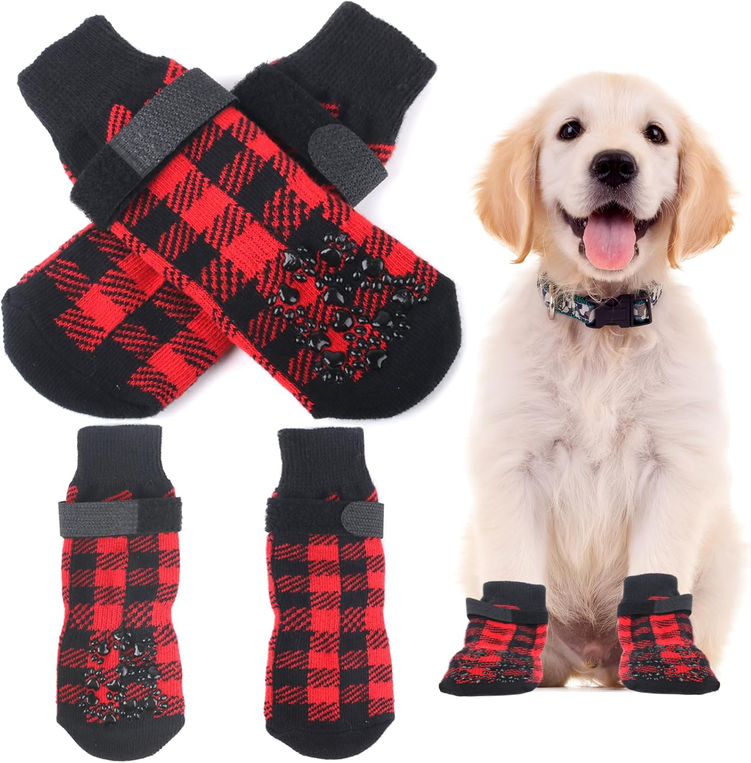 2 Pairs Red Anti-Slip Dog Socks with Adjustable Straps, Paw Protectors to Stop Licking for Injured Paws, Indoor Outdoor Boots for Hardwood Floors (M) image number 4