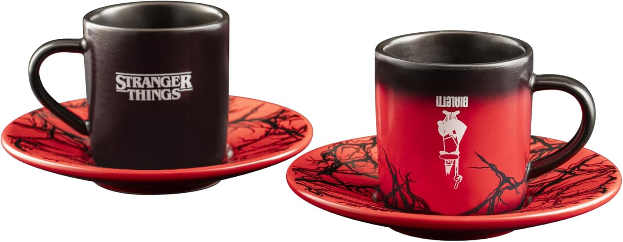 Bialetti Stranger Things Espresso Cups with Saucers - Thermosensitive Colour-Changing Design - Heat-Activated Colour Transformation - Not Dishwasher Safe - 80 Ml Capacity Each, Black (Set of 2) image number 1
