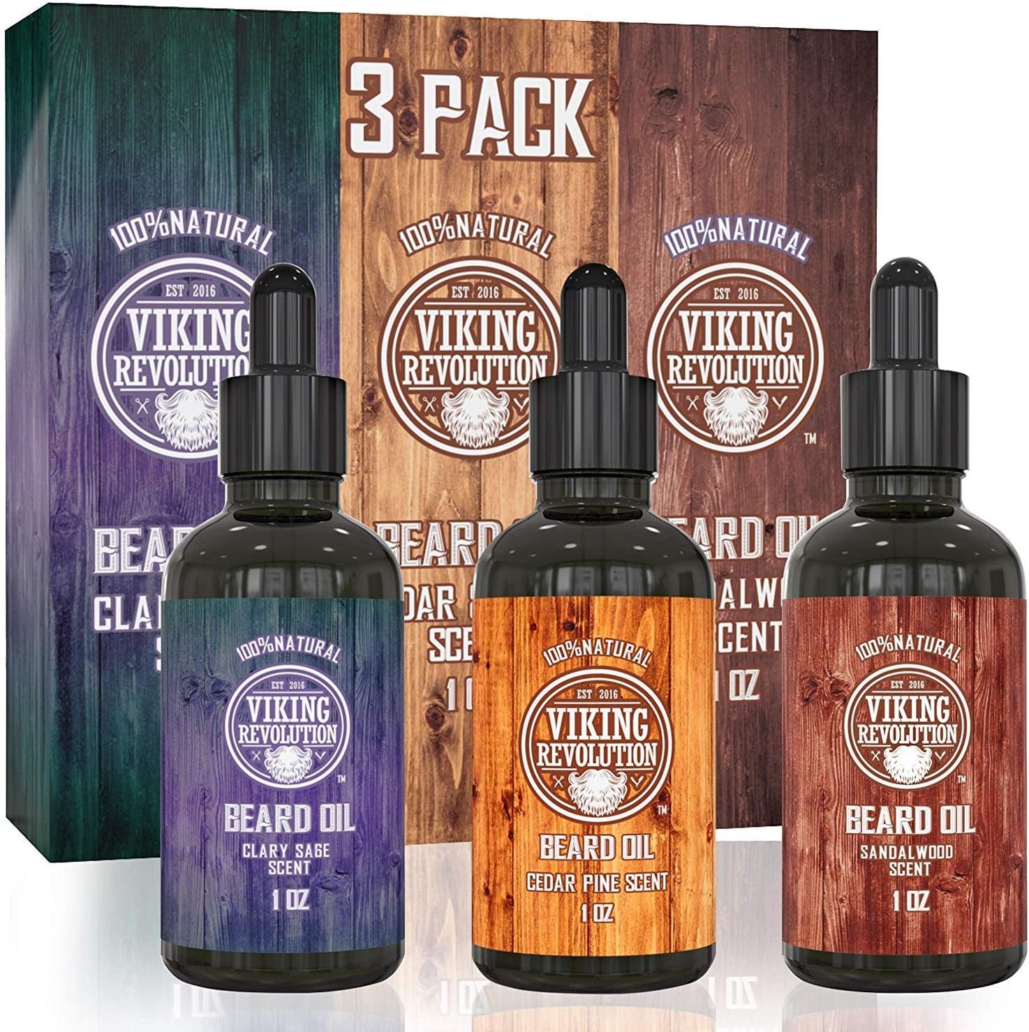 Viking Revolution - Beard Oil Conditioner 3 Pack - All Natural Variety Sandalwood, Pine & Cedar, Clary Sage - Conditioning and Moisturizing - Stocking Stuffers for Him - 3 X 30 Ml image number 3