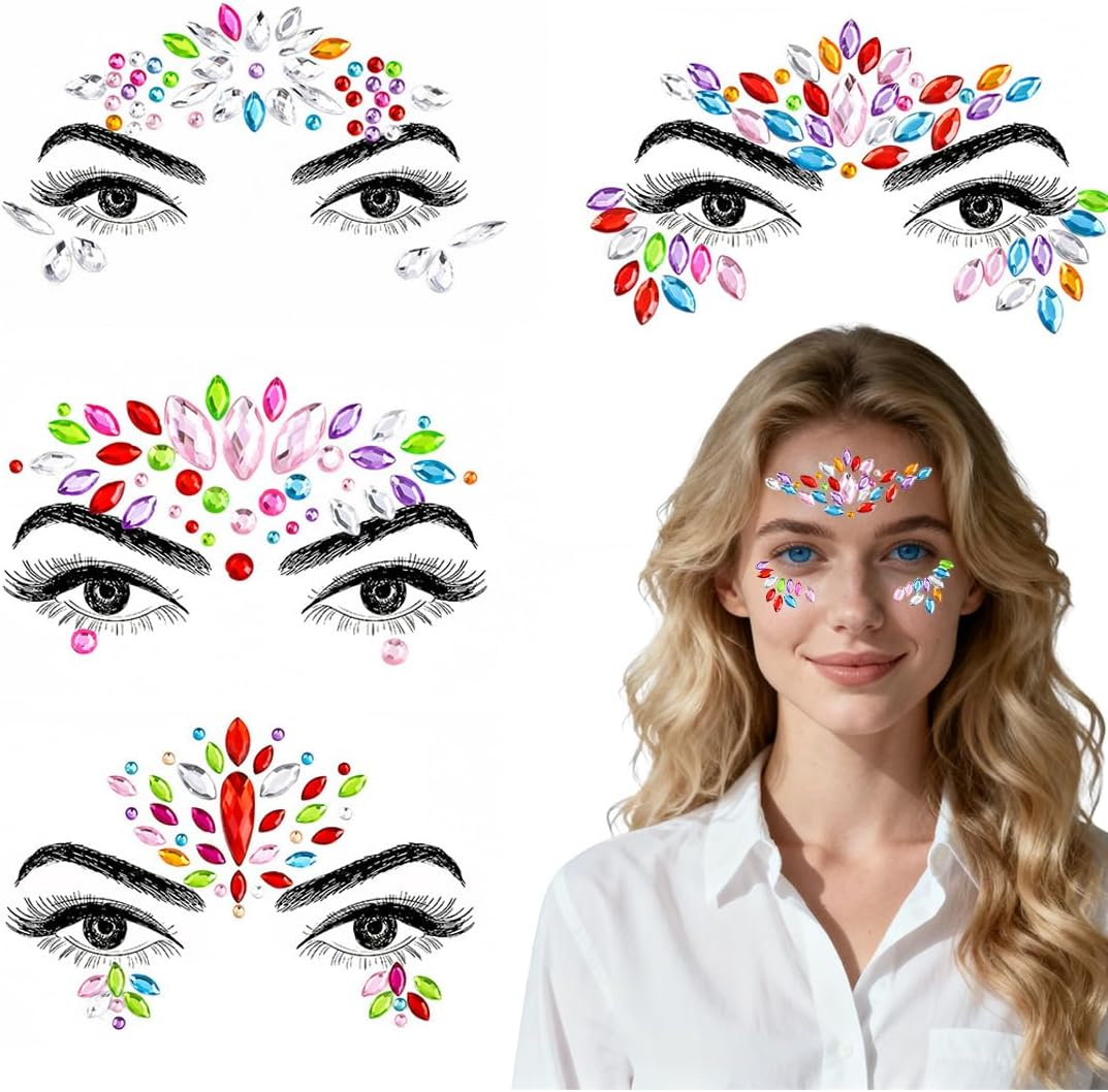 ZORVYN 4 Pieces Face Rhinestones Rhinestone Stickers Face Rhinestones for Music Carnival Party Makeup image number 1