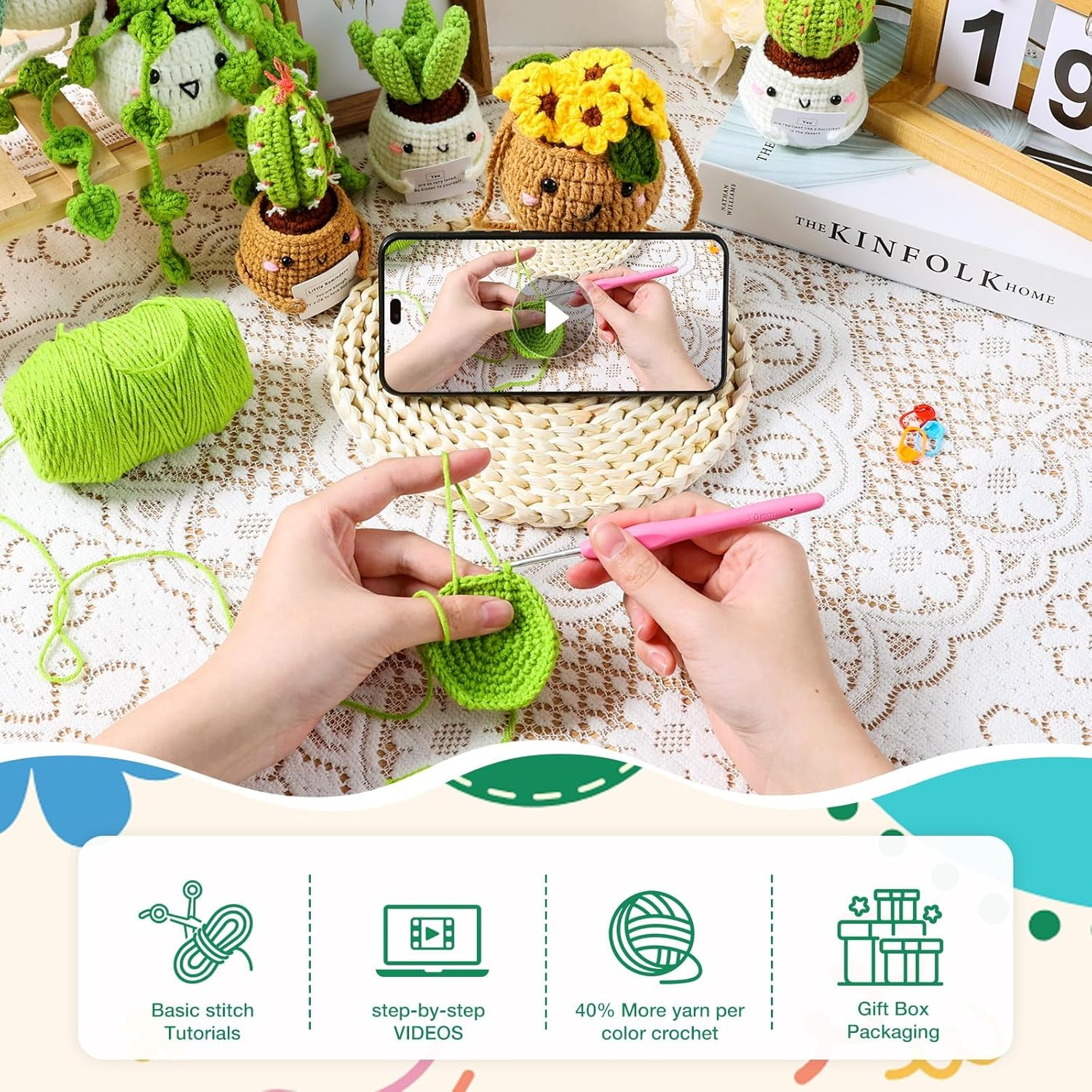 Crochet Kit for Beginners | Emotional Support Succulent Crochet & Knitting Kit with Step by Step Video Lessons | 6 PC Succulent Crochet Kit with Crochet Accessories(40%+ Yarn) image number 4