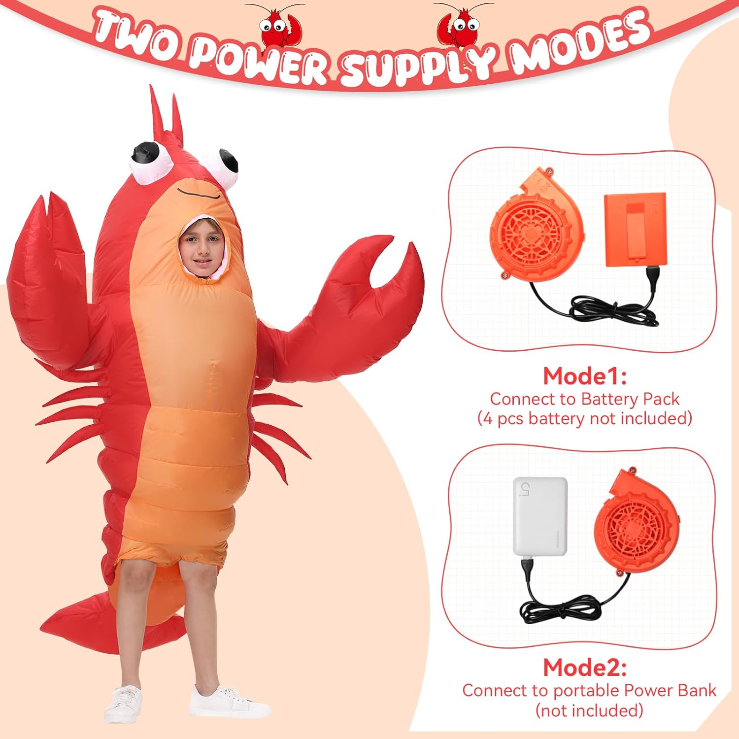 Inflatable Costume Lobster for Adult/Kids, Funny Halloween Lobster Blow up Costume Crawfish with Huge Pincers for Men Women Cosplay Party Red image number 2