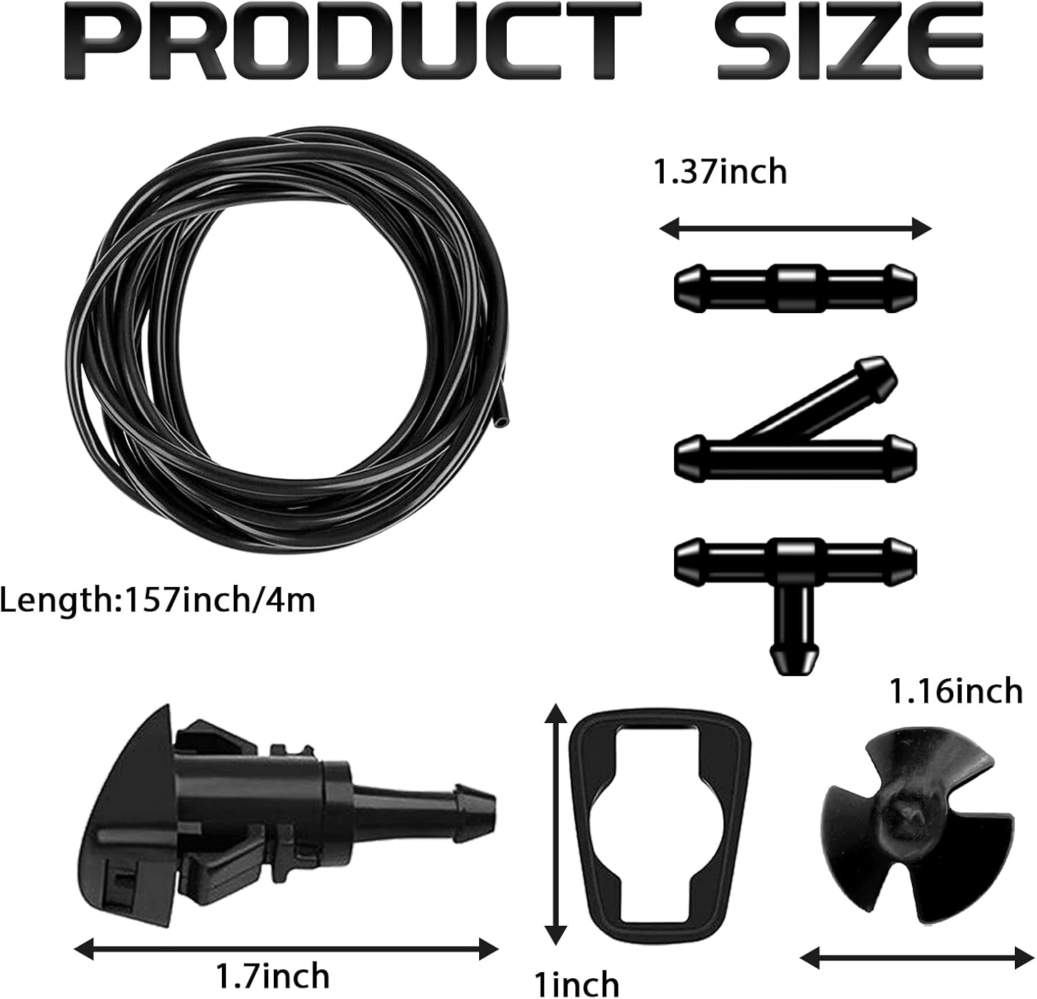22 PCS Car Windshield Washer Nozzle Hose Kit, 4M Washer Fluid Hose, 6 PCS Hose Connectors，2 Fan Nozzles & Gaskets, 10Pcs Hood Retainers, Suitable for Truck SUV Windshield Fluid Tubing (Black) image number 3
