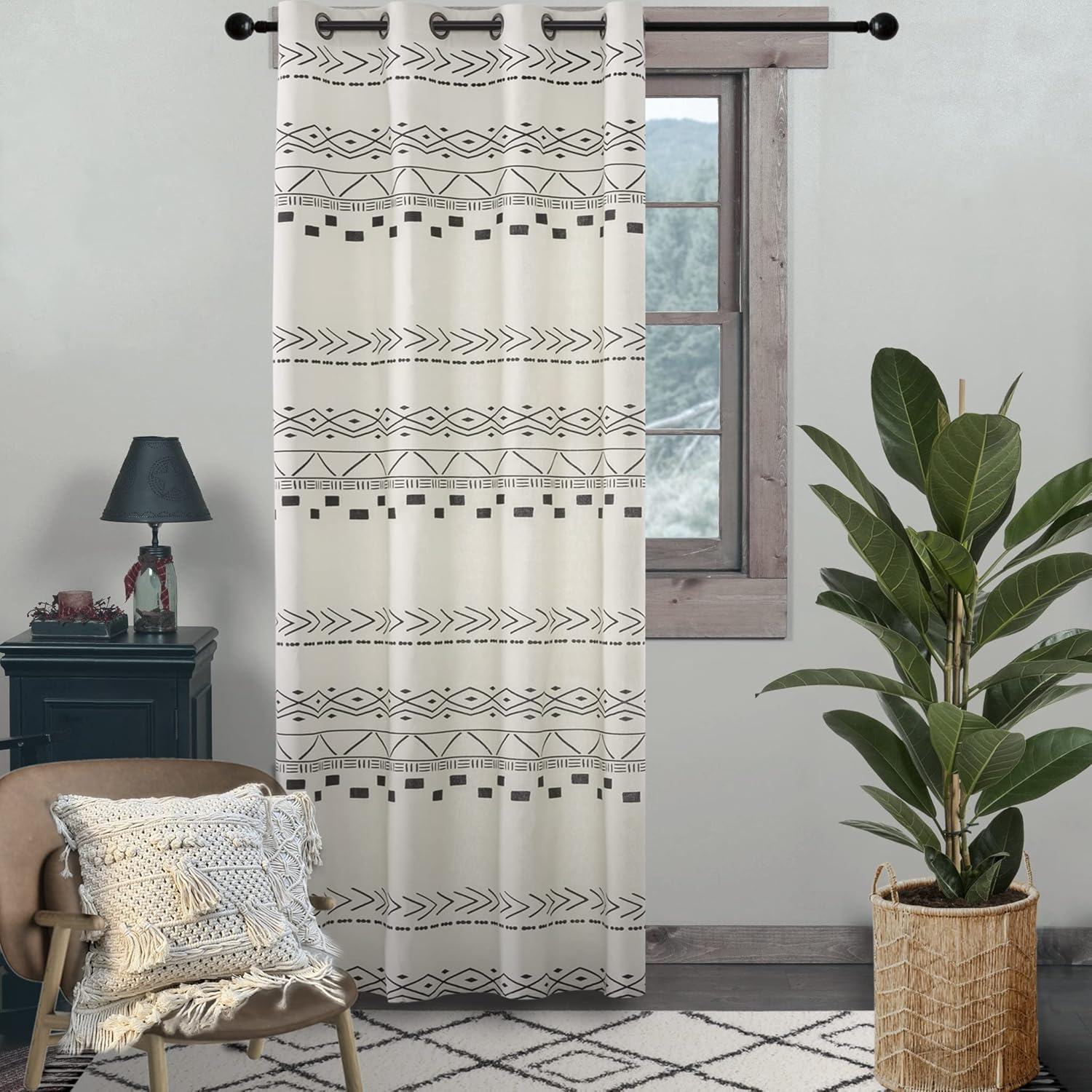 Cream Black Curtains for Living Room,Boho Chic Decor,Single Panel,Semi Blackout/Privacy,Accordion Door Curtain for Bedroom Doorway Balcony Interior Shower Bifold Door,80 Inch Length,Natural Beige