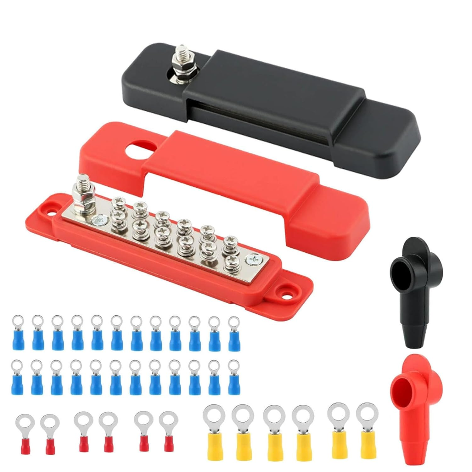 Power Distribution Block 12V 150A 1/4" Stud Marine Bus Bar 12 Volt DC Battery Busbar for Boat Au Tomotive Solar Wiring (Black+Red) image number 1