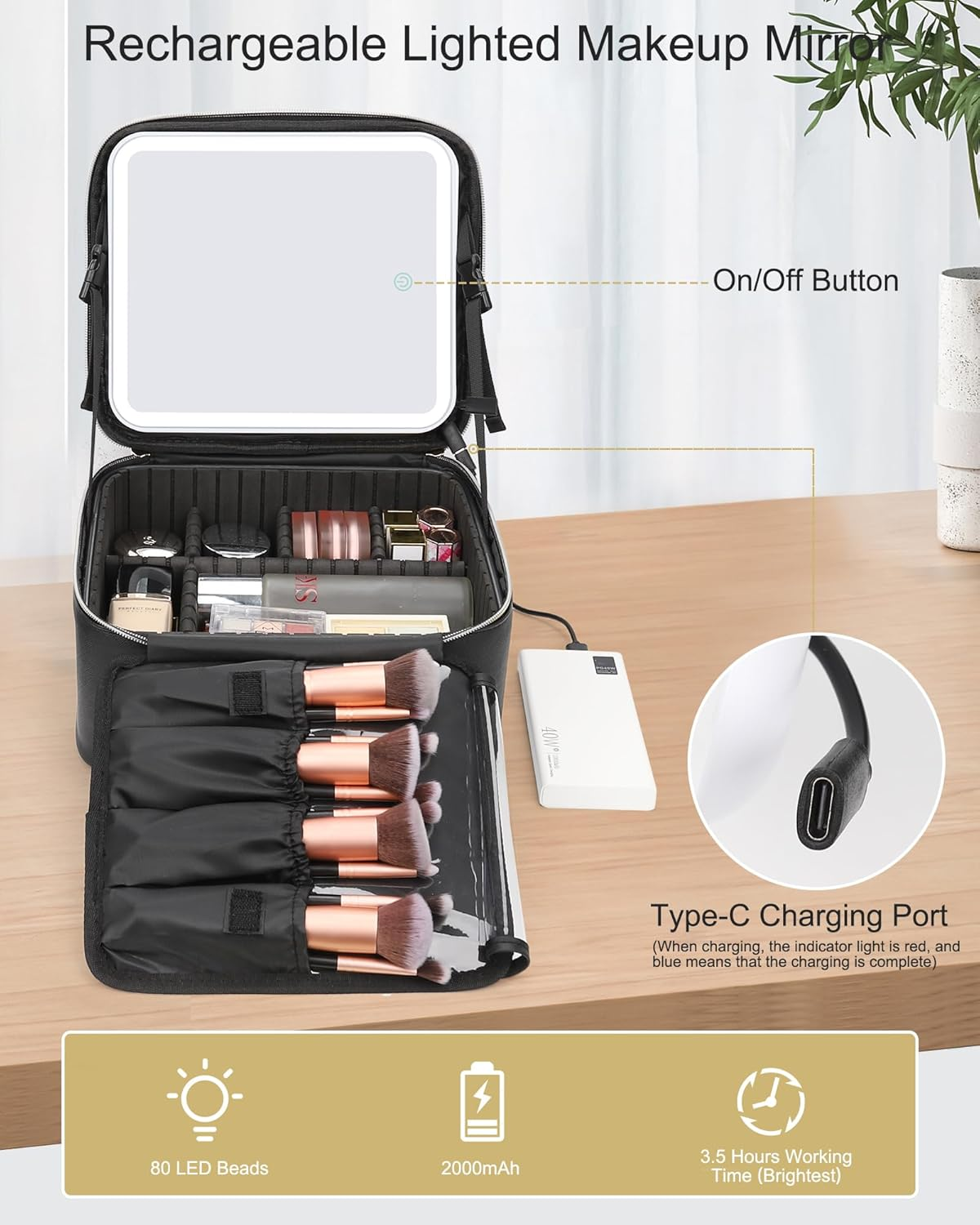 Travel Makeup Bag with LED Mirror, Cosmetic Train Case with Light up Mirror, Portable Makeup Artist Organizer Bag with Adjustable Dividers, Makeup Brush Holder Storage, Black image number 2