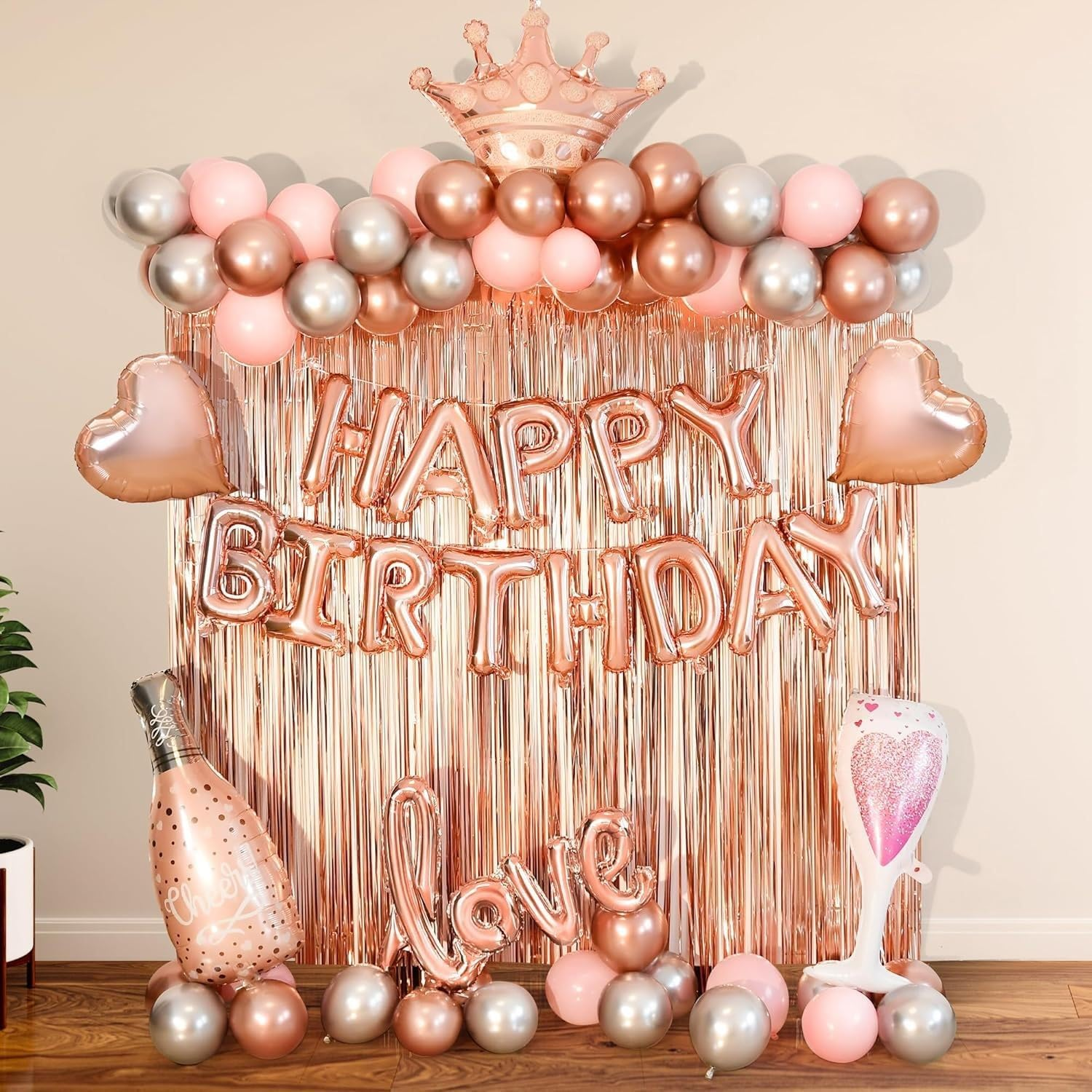 Rose Gold Birthday Decorations for Women, Girls Princess Happy Birthday Party Banner Pink Gold Bachelor Party Balloon with Fringe Curtain, Hearts, Wine Glasses, Crown , Love Aluminum Balloon image number 4