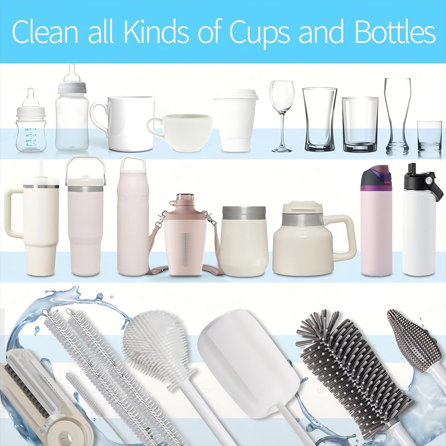 8Pcs Water Bottle Cleaning Brush Set,Multipurpose Brush Cleaner Kit with Long Nylon Straw Brush 4 in 1 Bottle Gap Cleaner and Long Handle Silicone Cup Cleaners image number 1