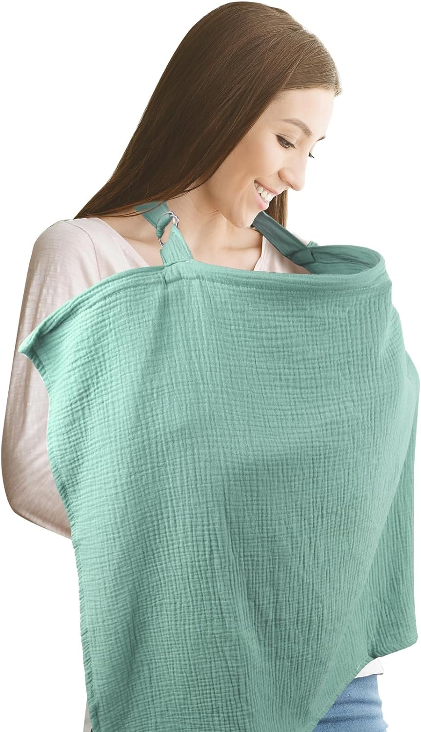 Muslin Nursing Cover for Baby Breastfeeding, Breathable Privacy Nursing Cover with Arch Neckline for Mom, Organic Cotton Multi-Use Nursing Apron (Blue)