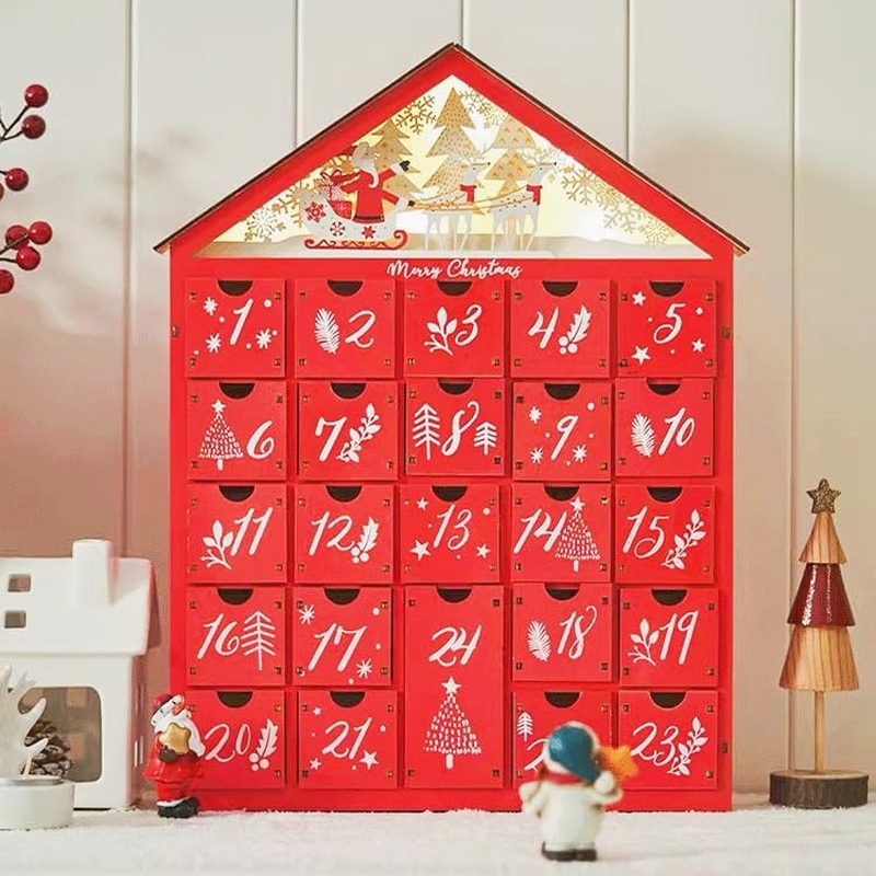 LED Christmas Advent Calendar with 24 Storage Drawers Wooden Advent Calendar Decorated with Christmas Tree House Reusable Xmas Countdown Calendar DIY for Adults Kids Gifts Holiday Decoration (Red)
