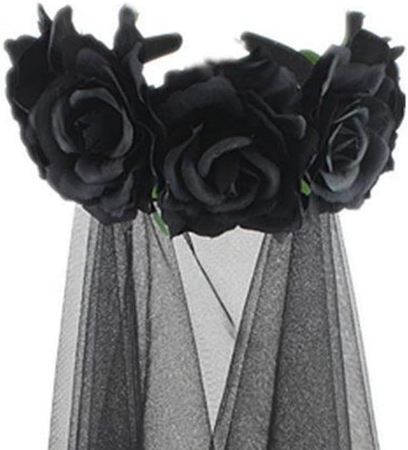 CENZICOM Women Girls Zombie Bride Black Veil with Flowers Hairband for Halloween Cosplay Wedding Costume Headwear