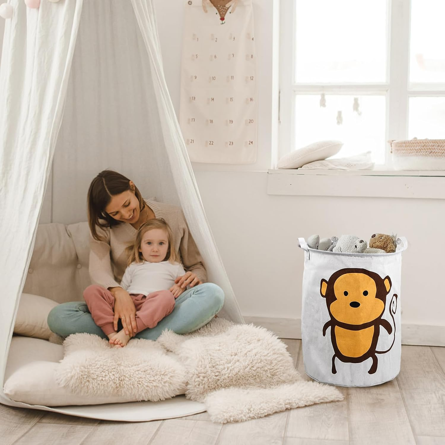 Cute Monkey Baby Laundry Basket, round Canvas Fabric Foldable Clothing Storage Basket, 40 X 50 Cm image number 1