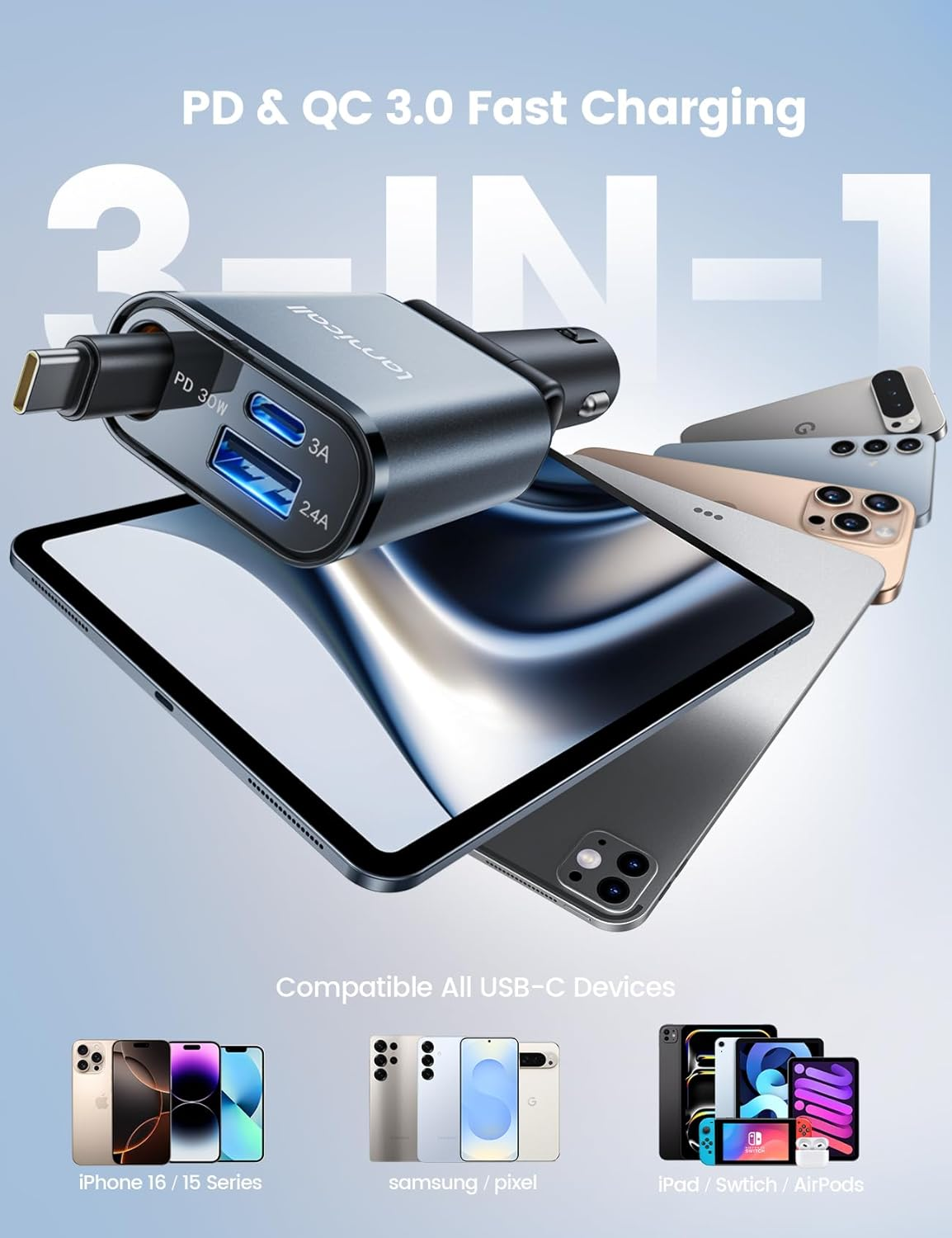 Lamicall Retractable Car Charger 3 in 1 USB C Fast Charging [Ultra-Compact, 75% Less Space] 57W Type C Car Charger Fit Iphone 16 16E 15 Pro Max plus Samsung Galaxy S25 S24 Ultra Pixel Android image number 1