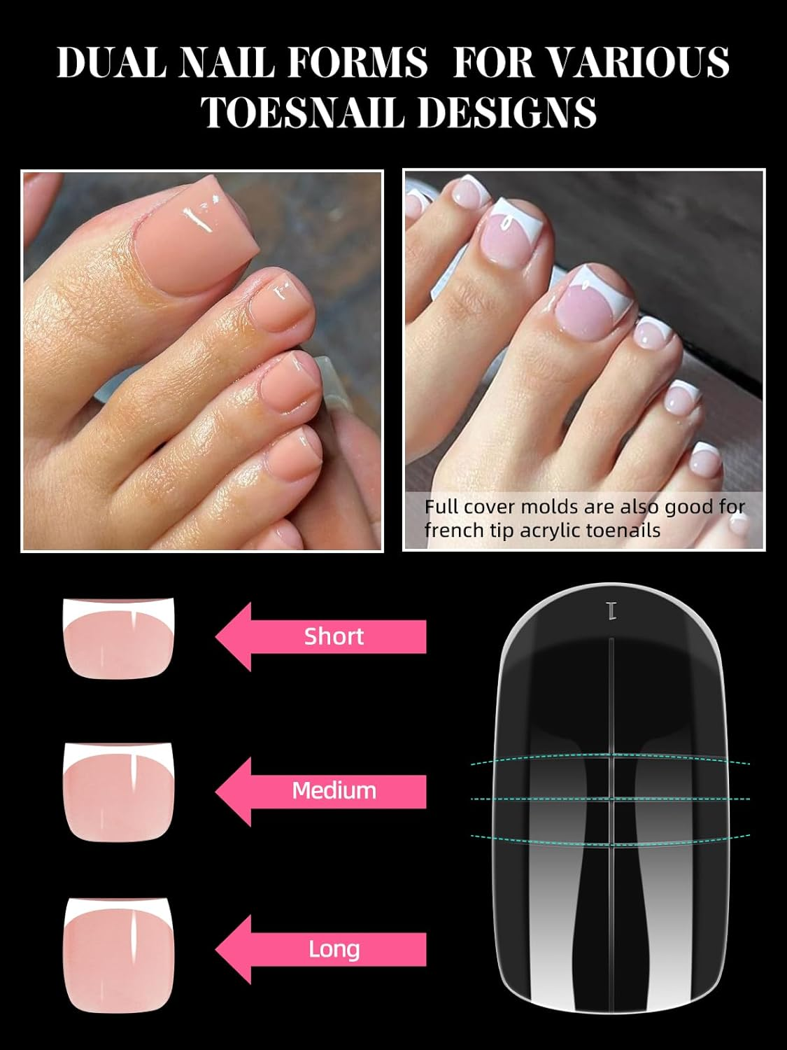 EBANKU 600 Pcs Double Toe Nail Extension Molds Reusable Full Cover Acrylic Nails with French Tip and Pedicure for Salon and DIY at Home, 15 Sizes