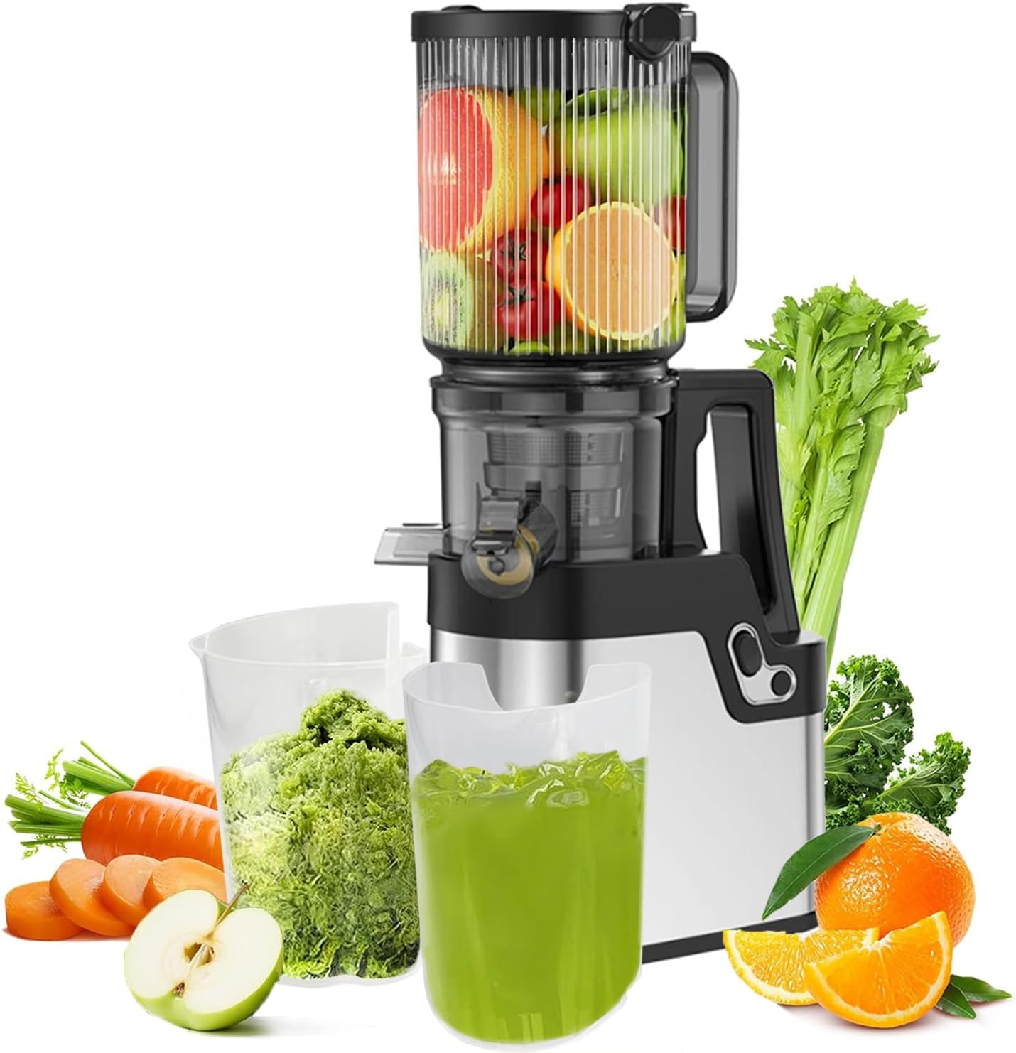 Cold Press Juicer, 250W Slow Masticating Juicer Machine with 10.5Cm/4.2" Wide Feed Chute, for Whole Fruits and Vegetables, High Juice Yield, Quiet Motor, Easy to Clean (Silver)
