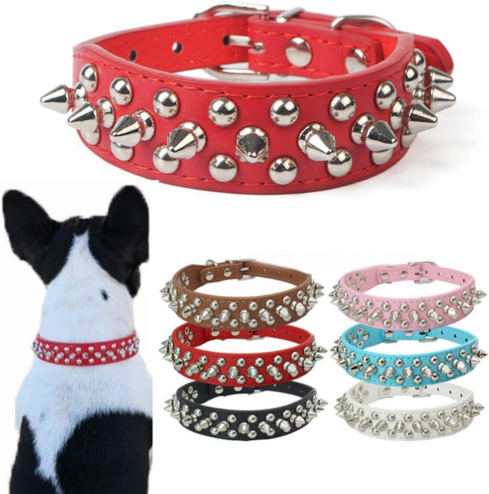 DOGGYZSTYLE Spiked Studded Rivet Leather Dog Collar for Cats Puppy Small Medium Pets(16"-18.5" Neck,Red) image number 1
