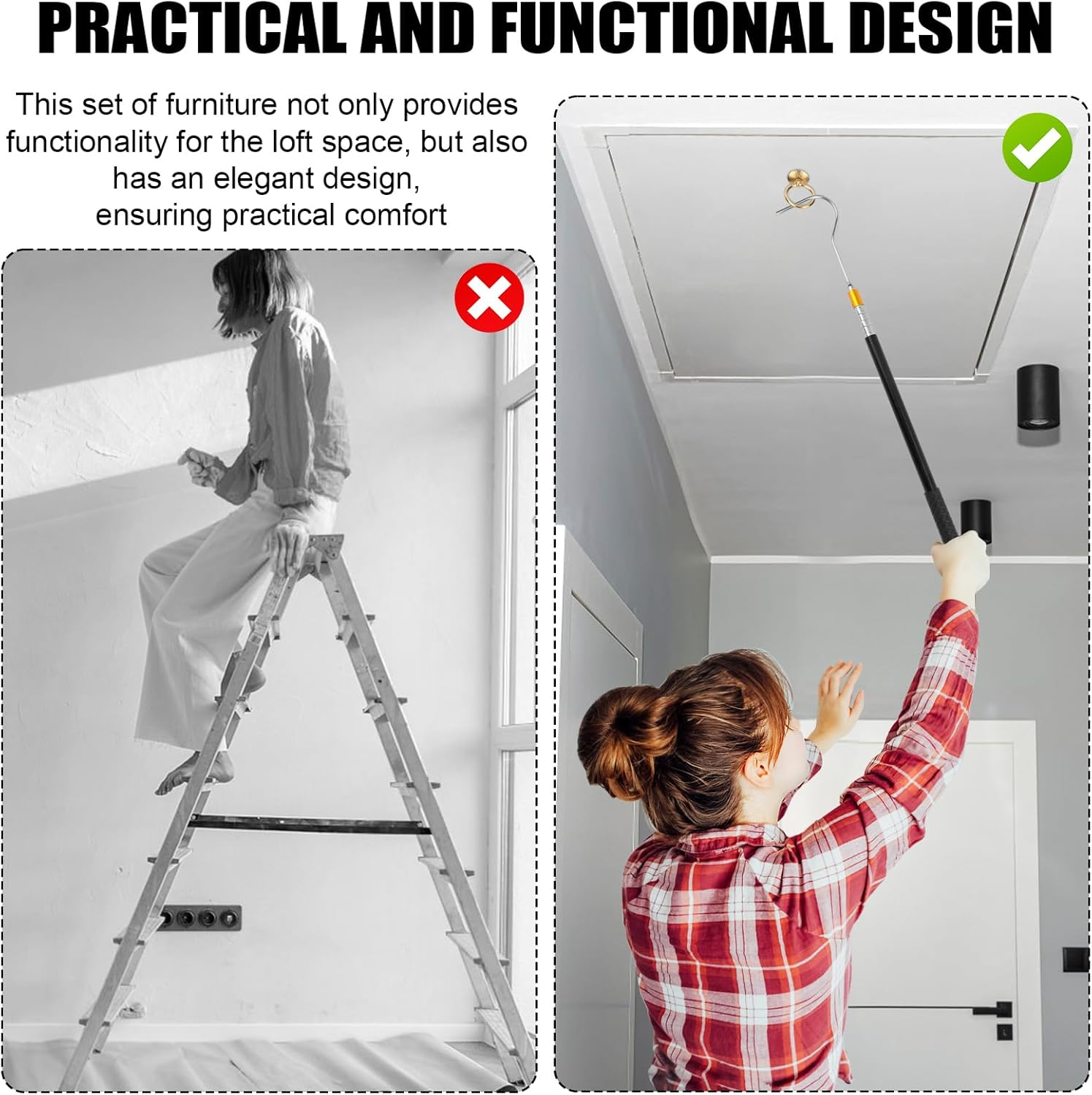 Ladder Pull down System Kit, Practical Attic Ladder Pull down System Kit with up to 64In Retractable Tie Rod with Hook M4 Screw Screw Nut Attic Ladder Tools and Accessories image number 4