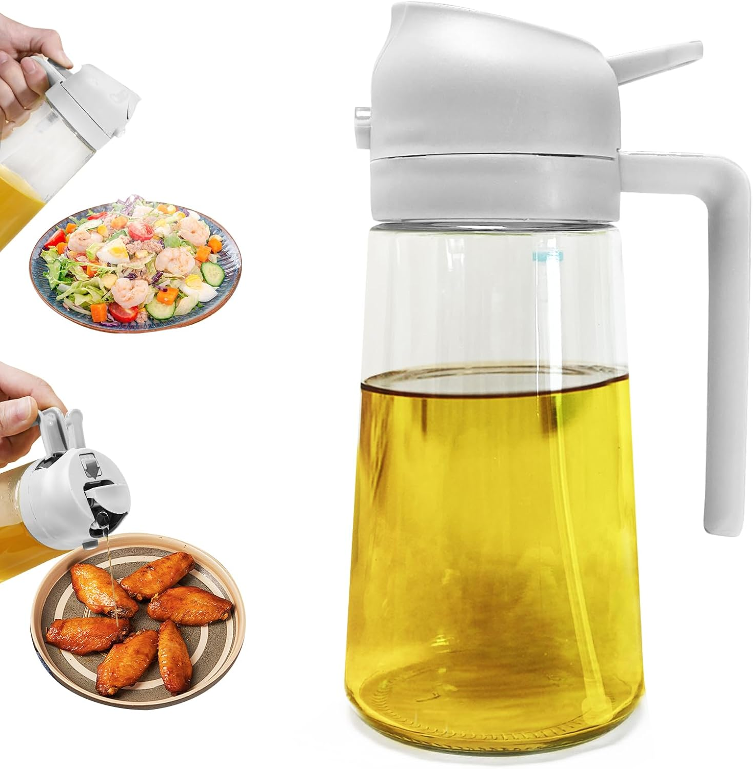 Spray Bottle, 470Ml Dual-Use Glass Oil Spray Bottle - Effortless, Drip-Free, and Easy to Clean (White)