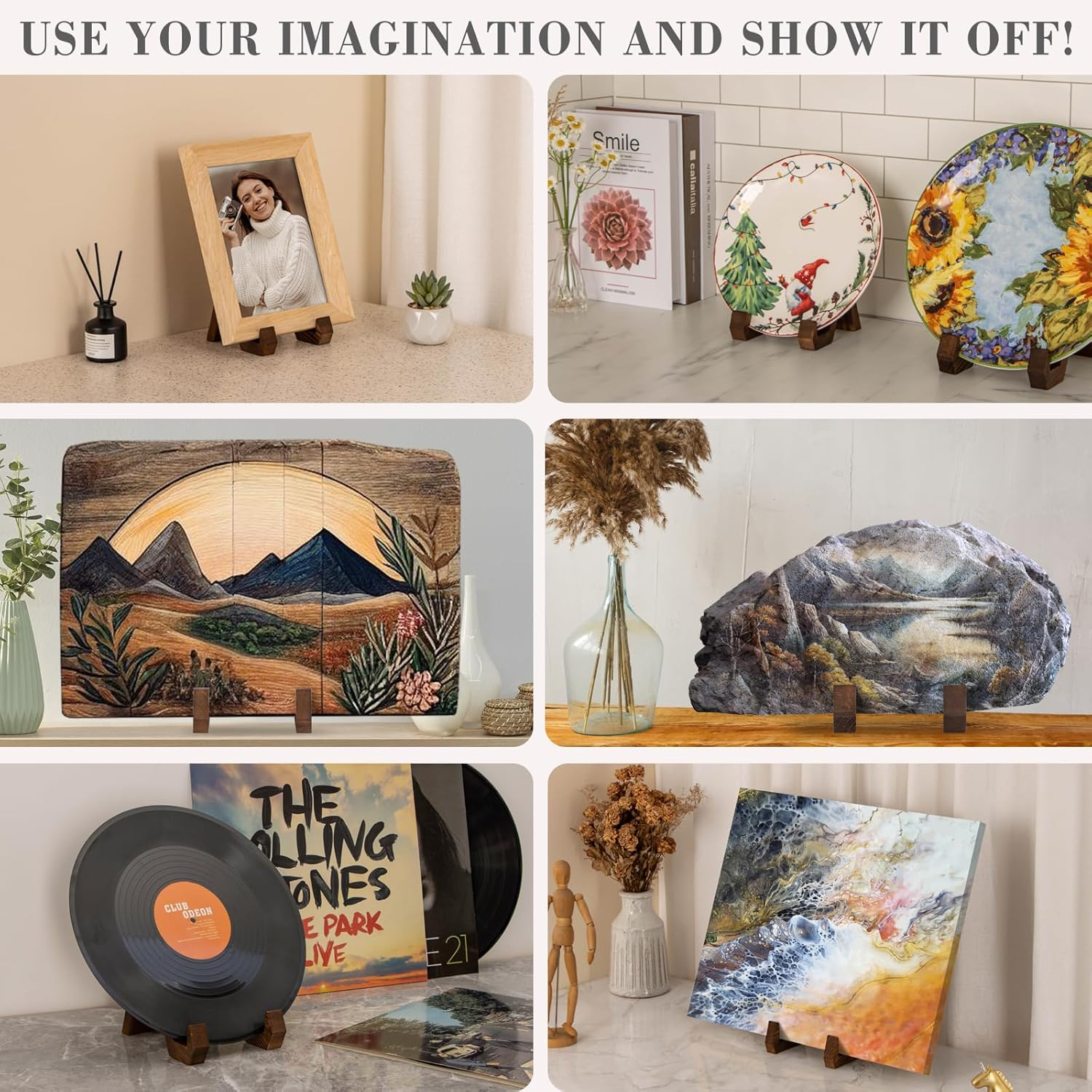 ANBOXIT Plate Display Stand, 3 Pack 6 Inch Plate Holder for Displaying, Decorative Picture Frame Dish Photo Plaque Platter Wood Stand image number 1