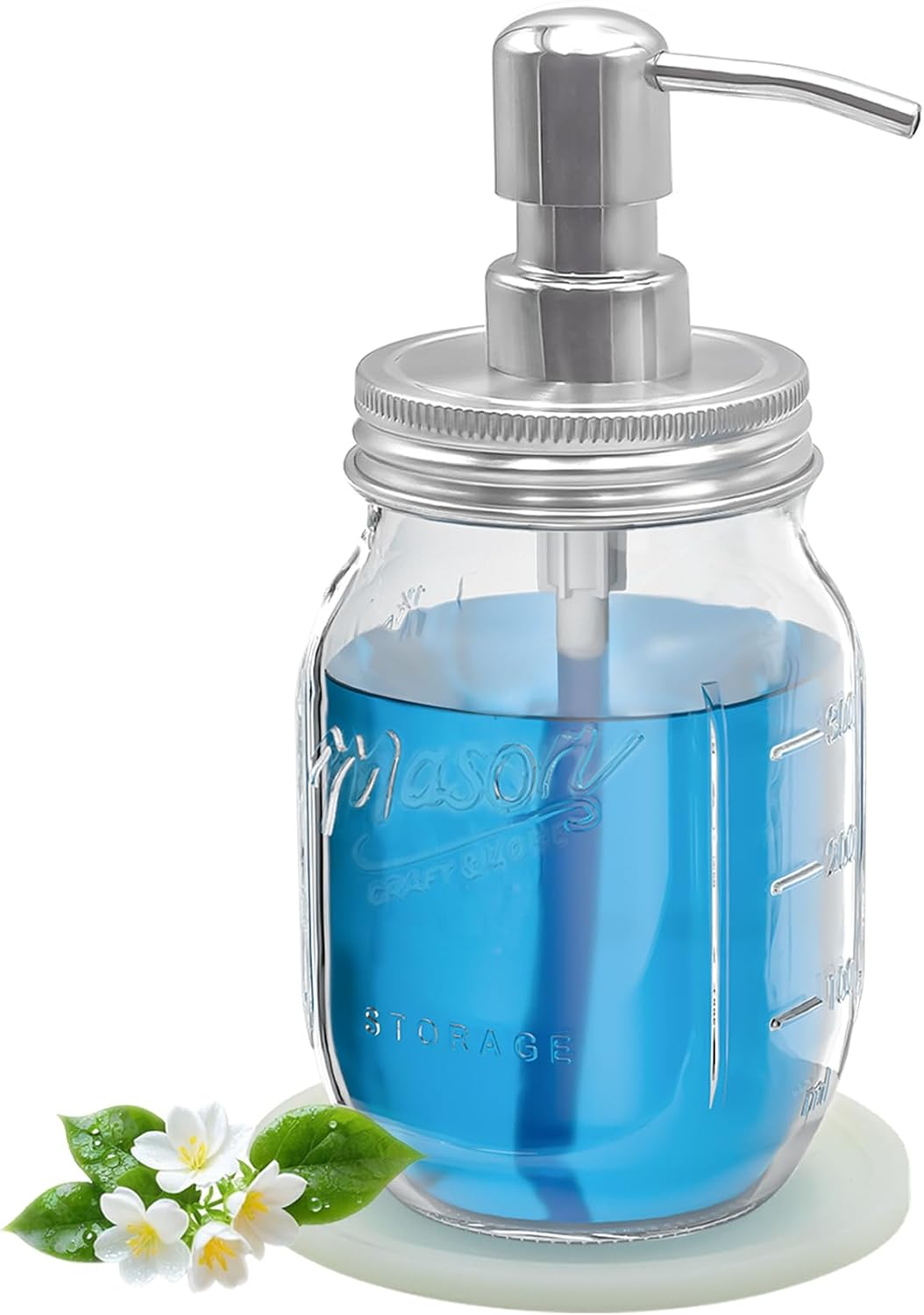 Mason Jar Soap Dispenser Set with 16 Ounce Mason Jar， Non-Slip Coaster, Made from Rust Proof Stainless Steel, Soap Labels (Silver+Metal Tags)