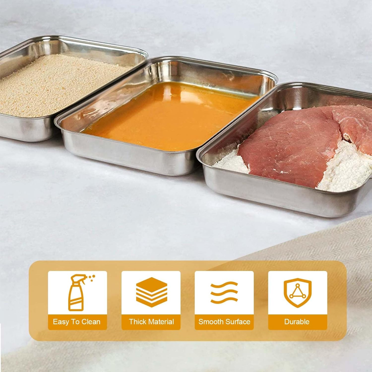 3-Pcs Stainless Steel Breading Tray Set, 25 X 19 X 5 Cm Stainlesssteel Baking Tray for Chicken Breast, Marinated Meat, Food, Oven and Dishwasher Safe image number 1