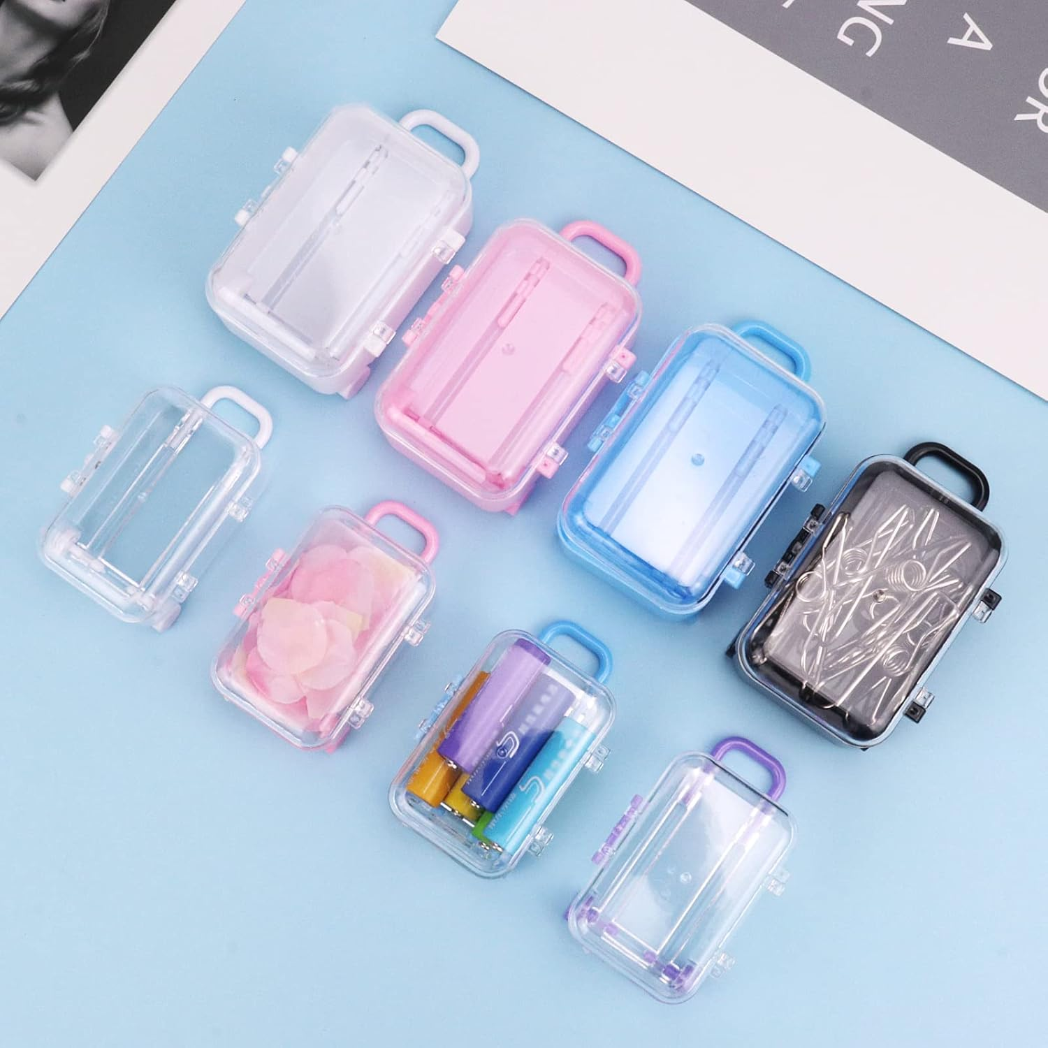 Ruksifg 8Pcs Miniature Suitcase Plastic Tiny Travel Suitcase Jewelry Storage Box for Home Decoration, Blue,White, Small, Style 1