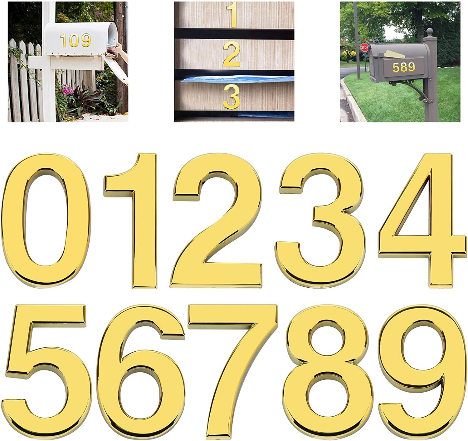 Woration 10 Pcs Mailbox Numbers 0-9 Self-Adhesive 2 Inch Stickers Door Address Number Signs for Hotel Room Apartment Office Residence House Cars Trucks Gold Decoration Project image number 2