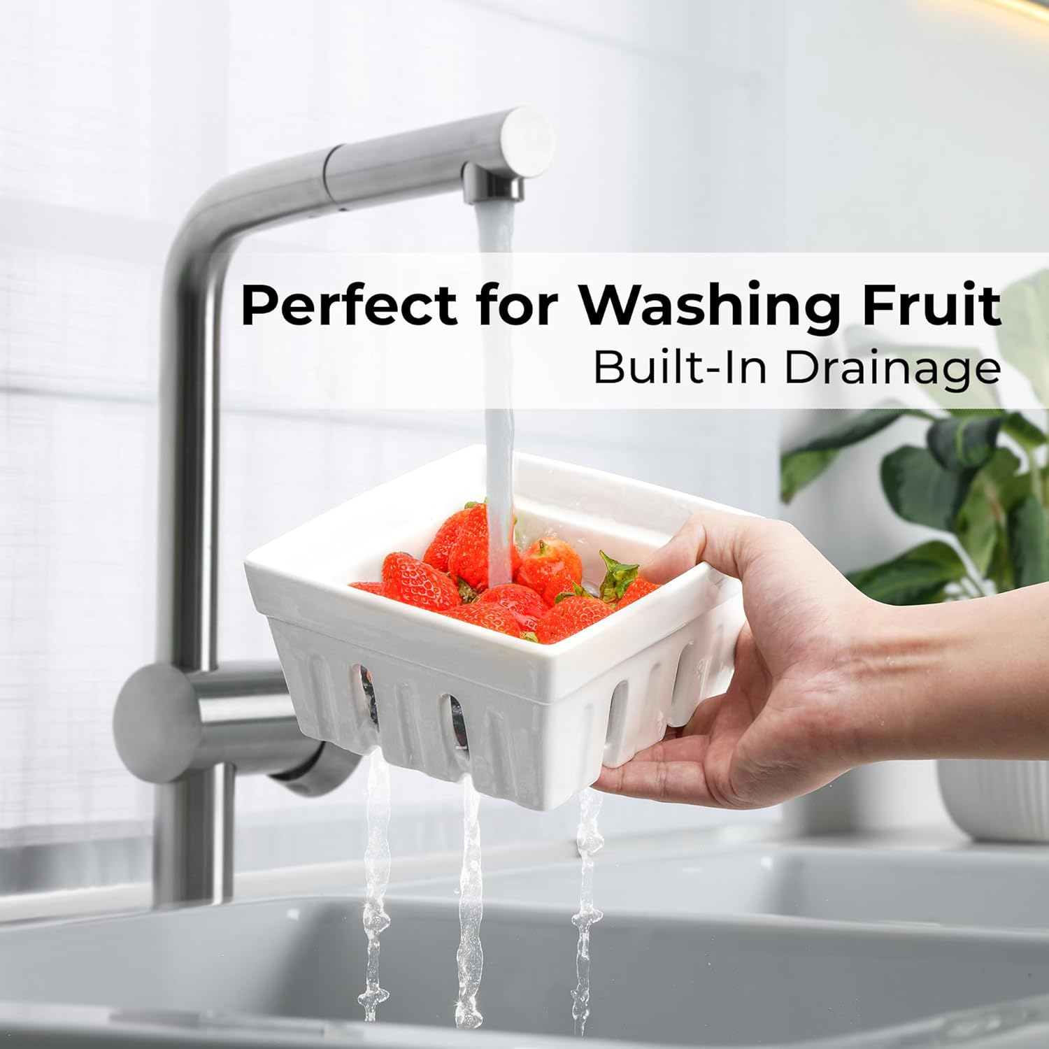 MIAMIO - Ceramic Berry Basket Set of 2 / Cute Kitchen Fruit Bowl with Draining Holes/Strawberry Storage Container image number 5