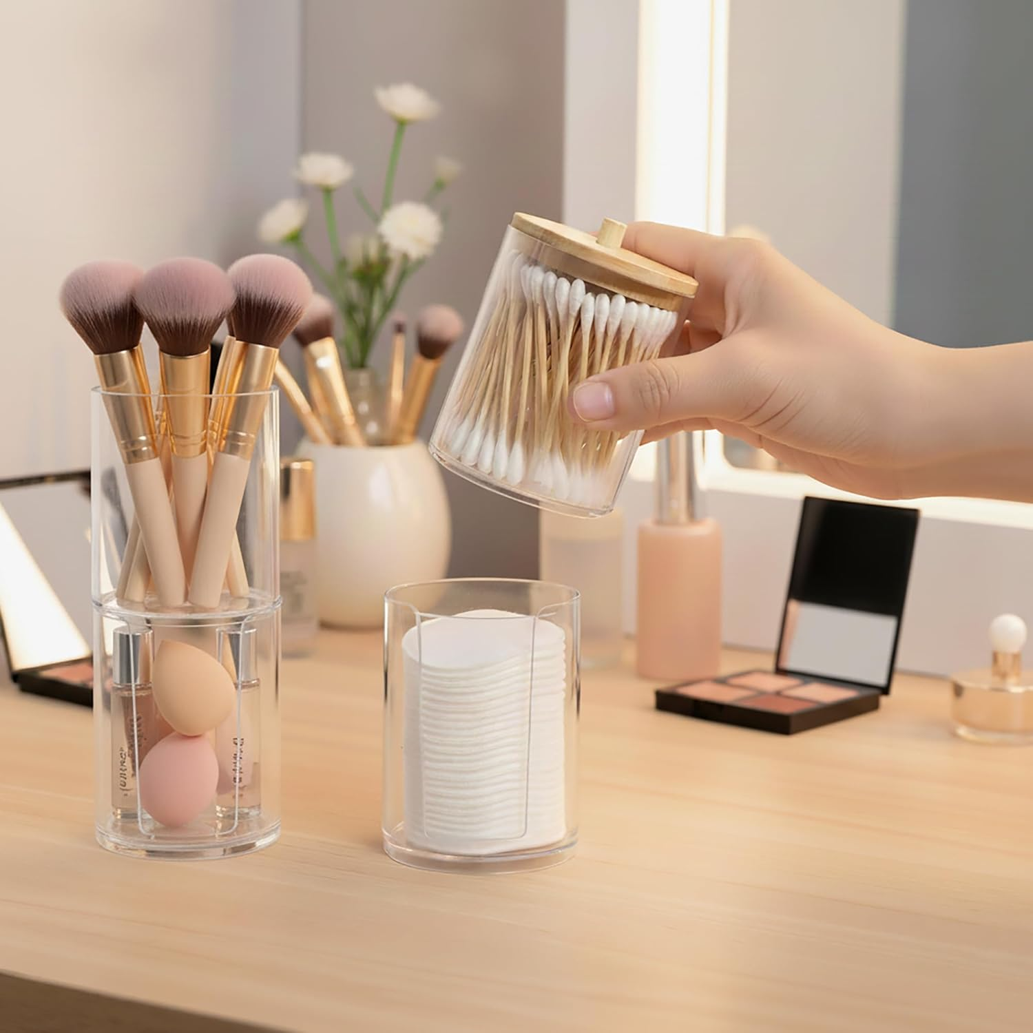 2-Pack Acrylic Organizer with Bamboo Lids - Stackable Bathroom Counter Holder & Dispenser for Cotton Balls, Swabs, Pads, Floss, Bath Salts