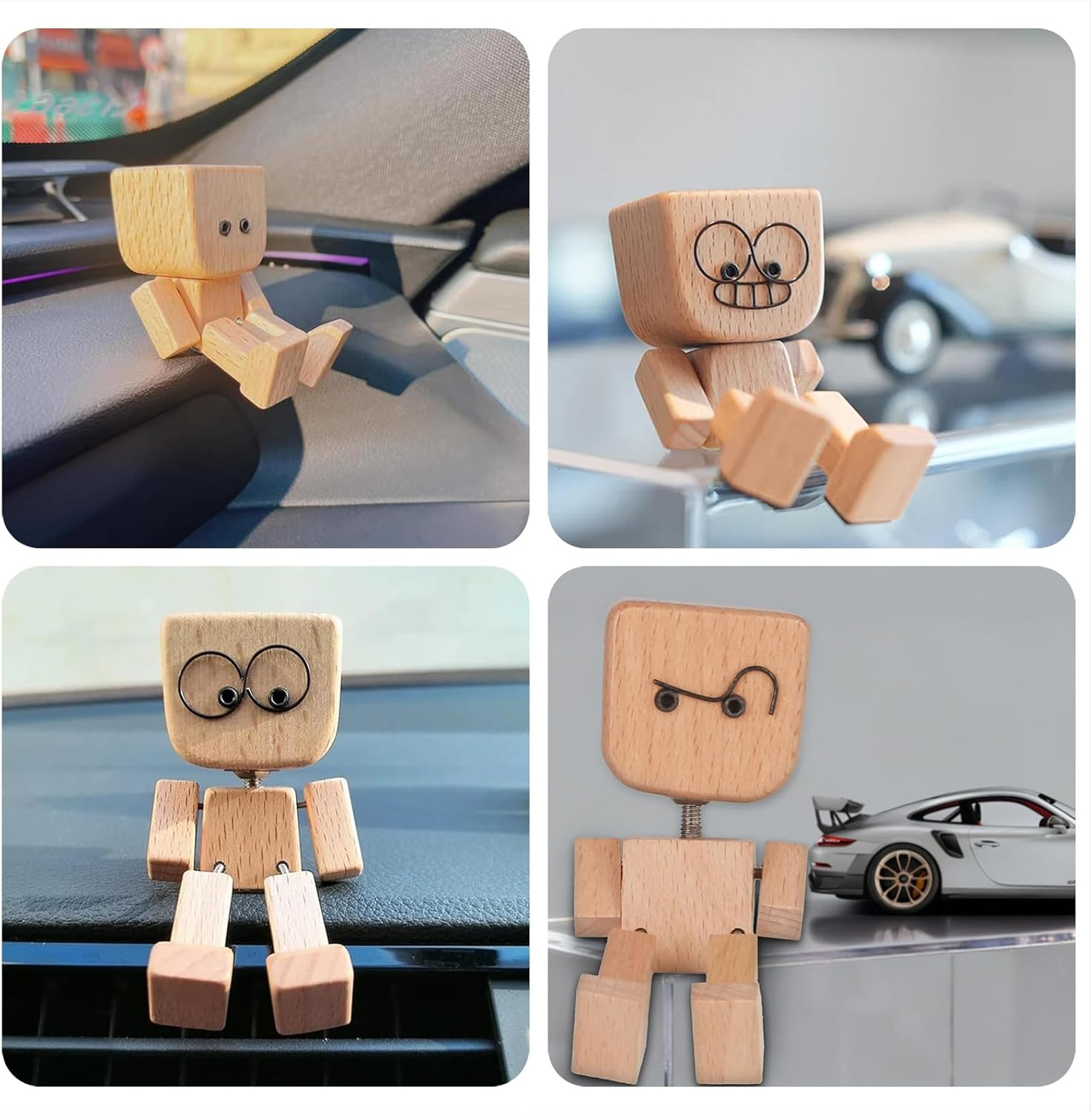 Shaking Wooden Man Figurine for Car Dashboard, Shaking Feet Wooden Doll with 12PCS Magnetic Expressions, Handmade Creative Wood Desktop Decor image number 5