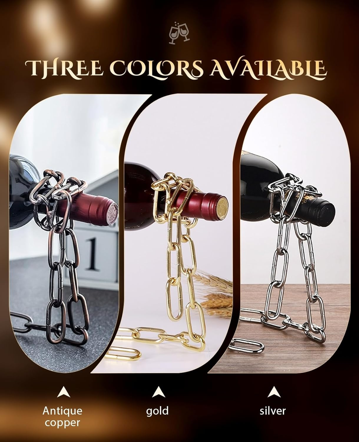 BRARIOS Creative Decor Desktop Wine Rack Chain Design No Assembly Required 20Cm Wine Bottle Rack for Home Bar Study Dining Room Decoration (Bronze) image number 2