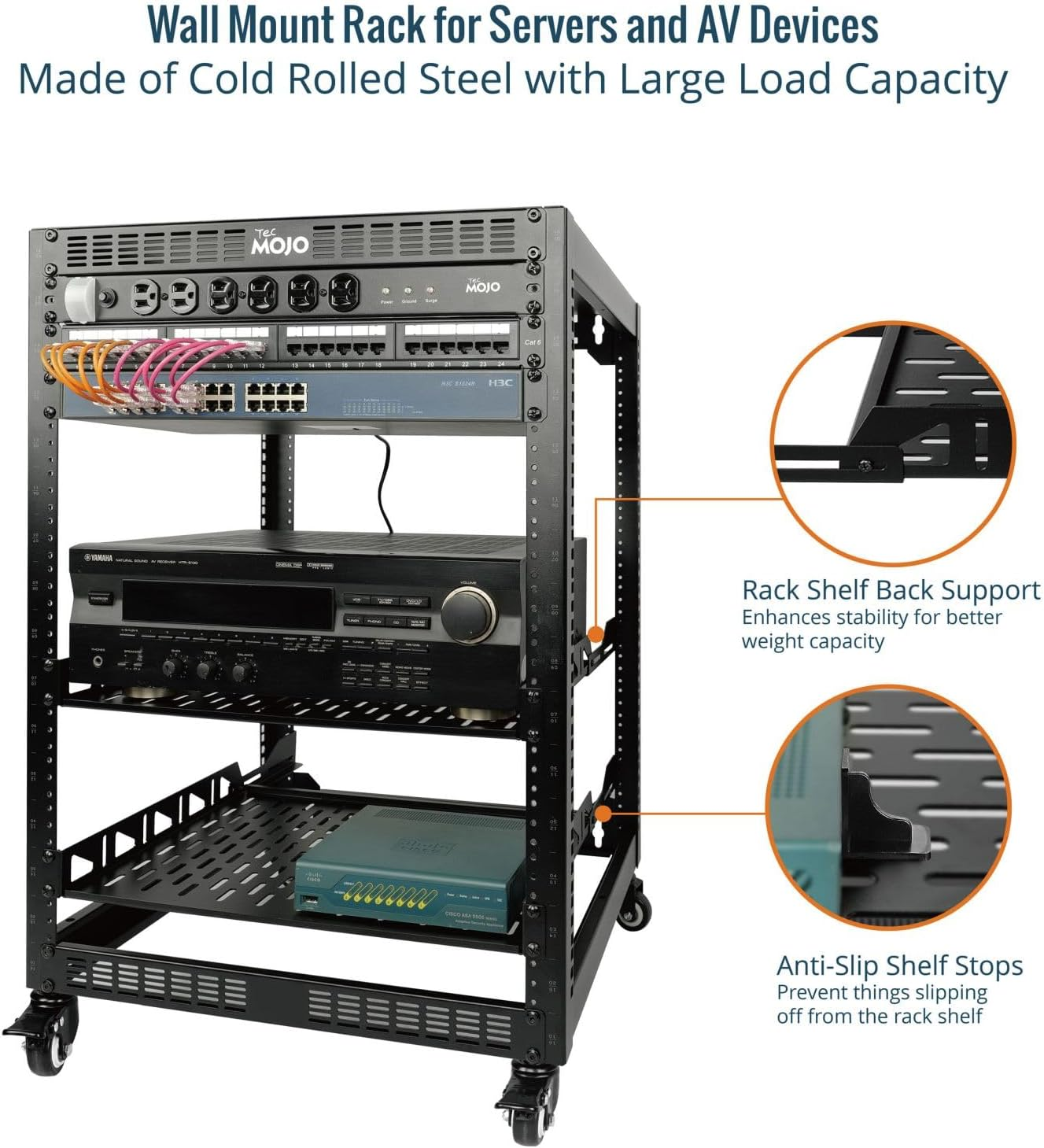 16U Open Frame Network Rack for IT &AV Gear, 16RU AV Rack 4-Post with Mobile Casters and 2 PCS Vented 19'' Front Mounting Rack Shelf with Rear Supporting Ears and Anti-Slip Stops & Mounting Hardware image number 3