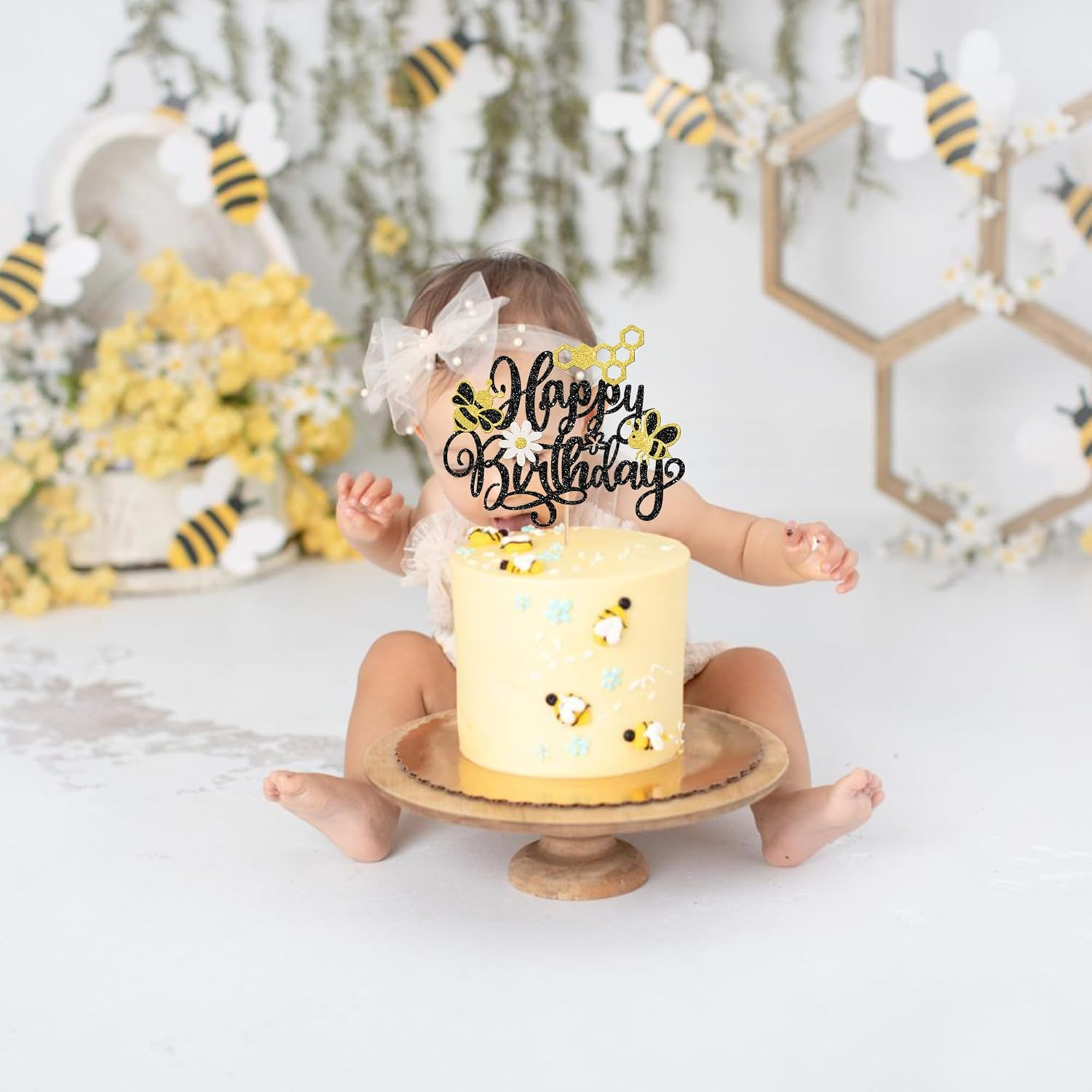 SYKYCTCY 1 Pack Bee Flower Happy Birthday Cake Topper Glitter Honeycomb Cake Pick for Bee Theme Baby Shower Kids Birthday Party Cake Decorations Supplies Black image number 3
