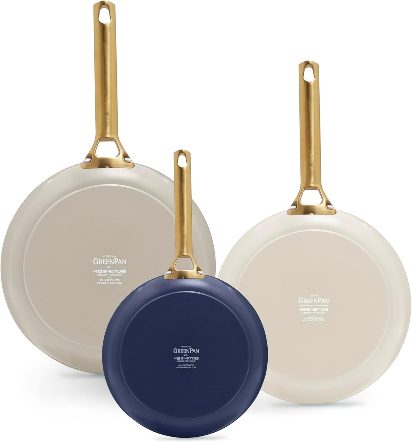Greenpan Reserve Hard Anodized Healthy Ceramic Nonstick 8" 10" and 12" 3 Piece Frying Pan Skillet Set, Gold Handle, Induction, Pfas-Free, Dishwasher Safe, Oven Safe, Twilight Blue