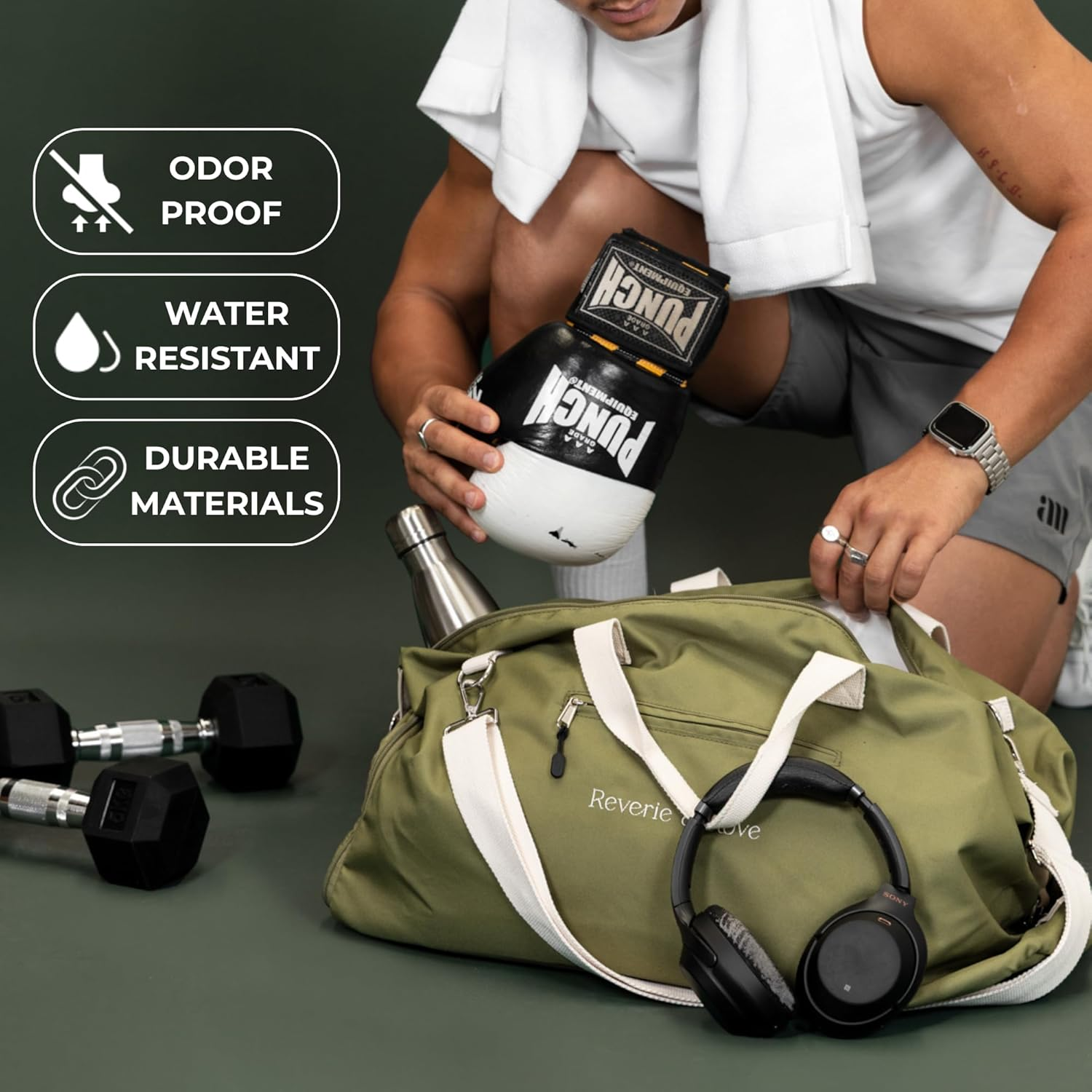 Reverie & Rove All-In-One Travel Duffle Bag &ndash; Large 49L Duffel Gym Bag, Weekends, Carry-On, Versatile Overnight Bag with Shoe Compartment & Padded Laptop Sections &ndash; Durable & Stylish (Olive Green) image number 2