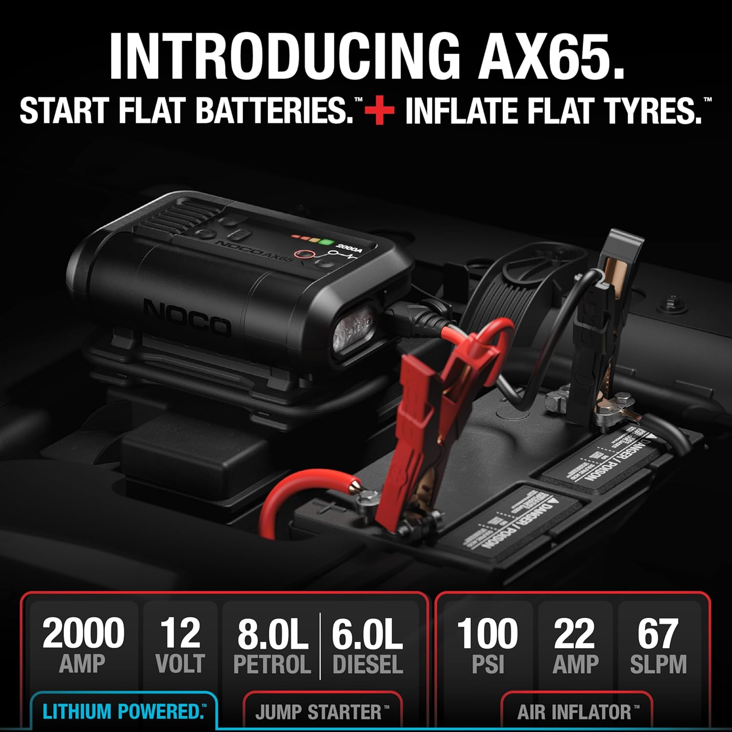 NOCO Boost Air AX65: 2000A Jump Starter with 22A 100 PSI Air Compressor - 8.0L Gasoline and 6.0L Diesel Engines - Inflating Tyres from 0-40 PSI in 2.0 Minutes image number 2