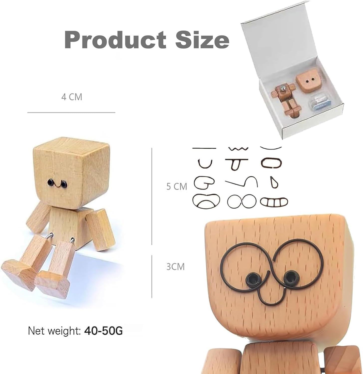 Shaking Wooden Man Figurine for Car Dashboard, Shaking Feet Wooden Doll with 12PCS Magnetic Expressions, Handmade Creative Wood Desktop Decor image number 3