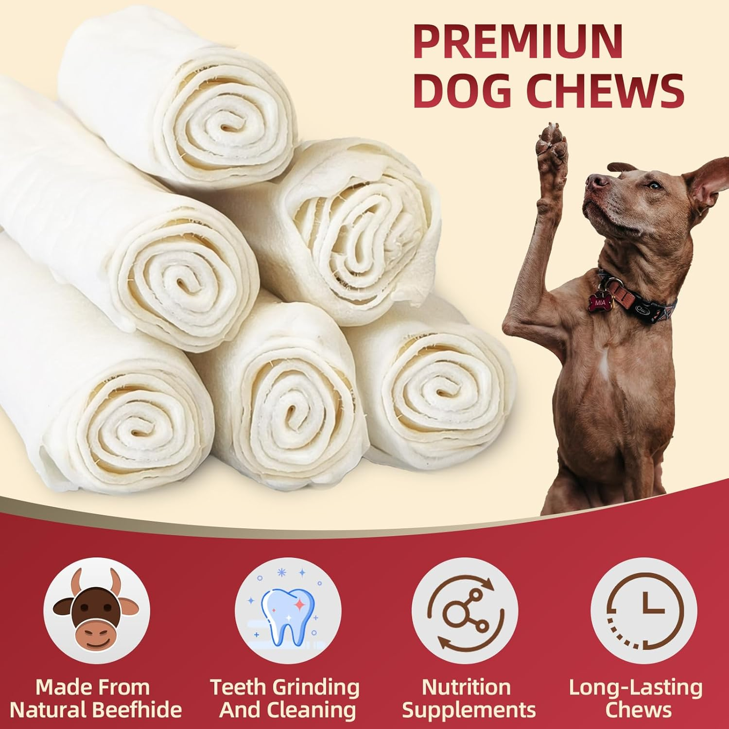 Dog Rawhide Chews,Long Lasting Rawhide Sticks Rawhide Chews,Natural Flavor Dog Beefhide Treats,5-6 Inch Single Ingredient Dog Rawhide Bones for Midium Large Dogs (6 Pack) image number 3
